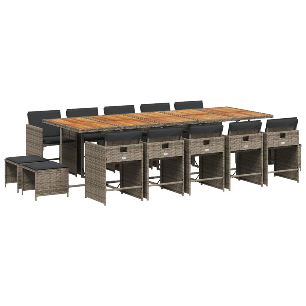 vidaXL Set comedor de jardín con cojines 15 pzas ratán sintético gris