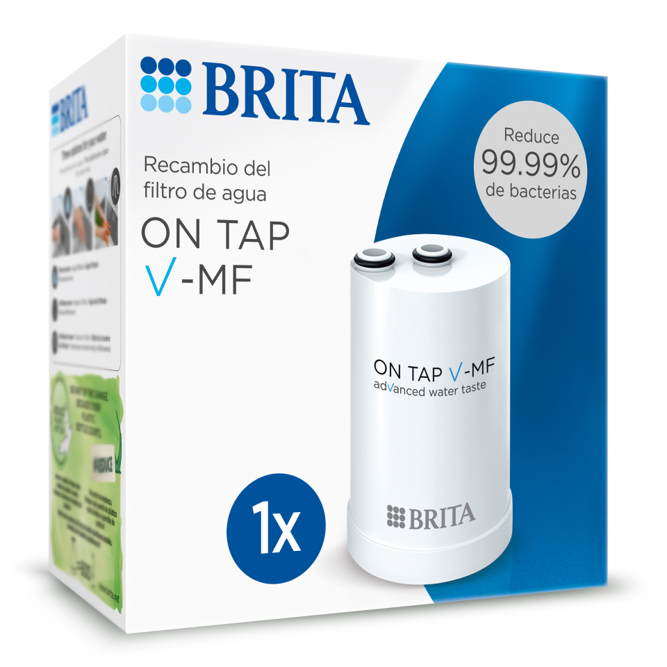 BRITA Filtro de Agua On Tap V-MF | 1 Unidad de Recambio | Compatible con Sistema BRITA On Tap V-MF | Filtra hasta 600L | Elimina el 99,99 % de bacterias, cloro y microplásticos | Conserva minerales | Fácil de instalar | Sin BPA | Tecnología de microfiltra