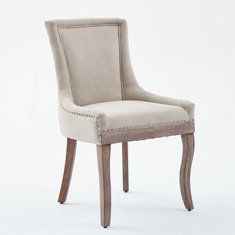 Lot de 2 chaises de salle à manger beige en chenille avec pieds en bois massif et clous décoratifs bronze