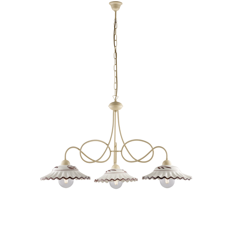 Lámpara de araña Bistrot en hierro lacado marfil y decoraciones. Efecto decapé con difusores cerámicos d. 30 blanco y marrón 3 luces 115 Ø80 - Belight