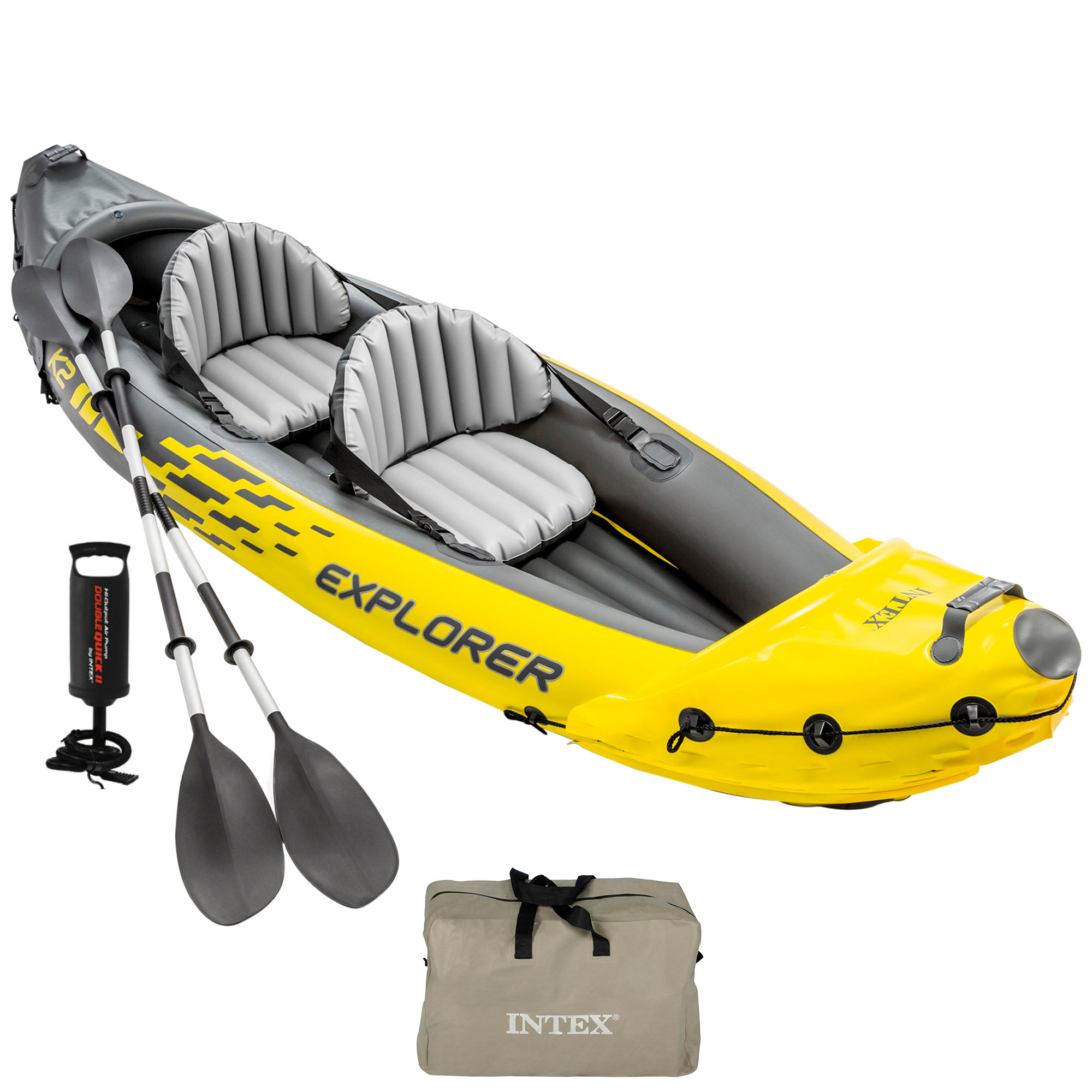 INTEX - Kayak hinchable para 2 personas, máx. 180 kg, con remos e hinchador, asiento, respaldo y suelo hinchables, cuerda de sujeción, asas en los extremos, con bolsa transporte, fácil de almacenar y transportar, kayaks hinchables dobles