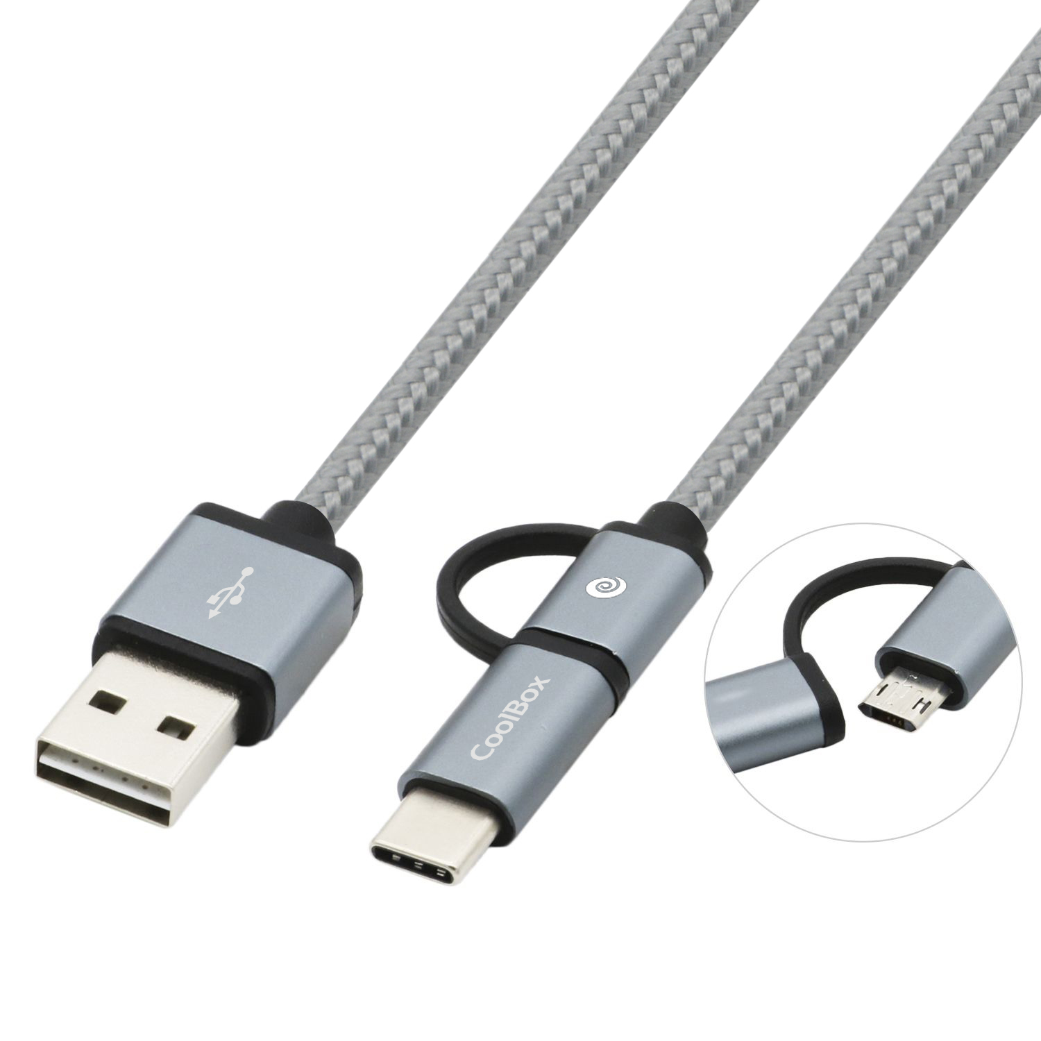 CoolBox COO-CAB-U2MC-GR, 1 m, USB A, USB C/Micro-USB B, 2.0, 480 Mbit/s, Gris