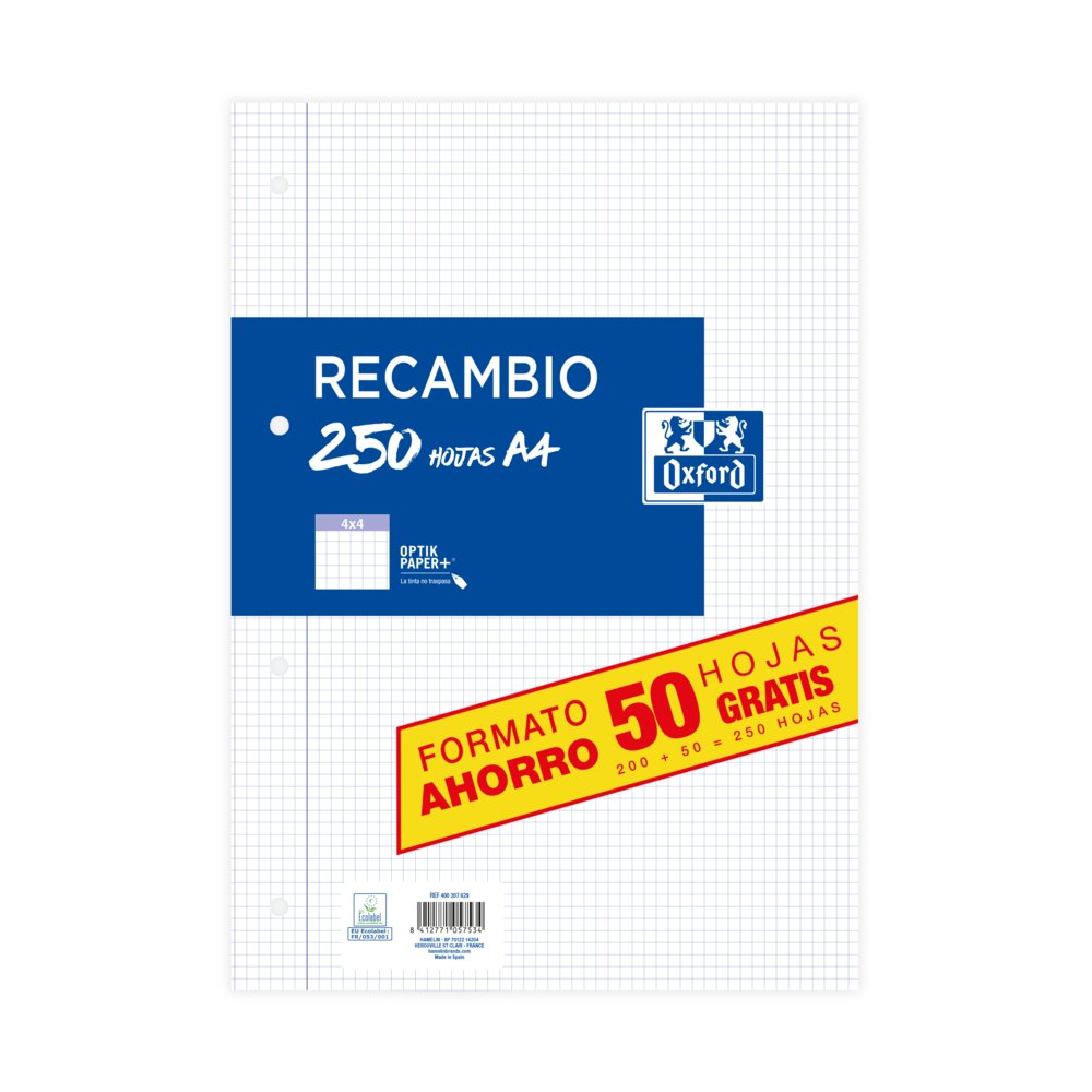 OXFORD RECAMBIO A4 CUADRO 4MM 200H+50H CON MARGEN OXFORD RECAMBIOS