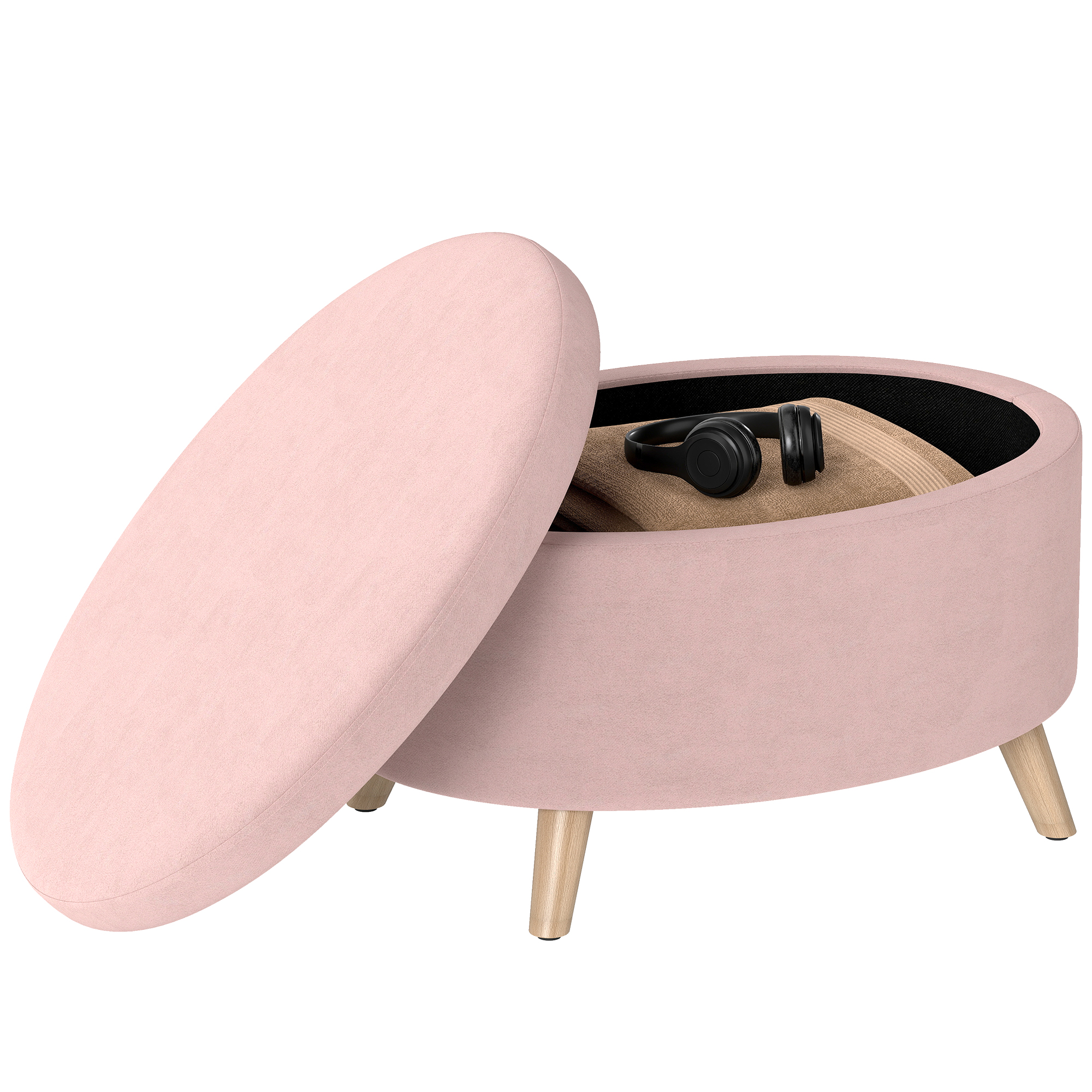 HOMCOM Puff Almacenaje Ovalado, Banco Almacenaje, 71x51,5x42 cm, Tapizado en Terciopelo, con Patas de Madera Maciza, Carga 120 kg, para Sala de Estar, Dormitorio, Entrada, Rosa Claro