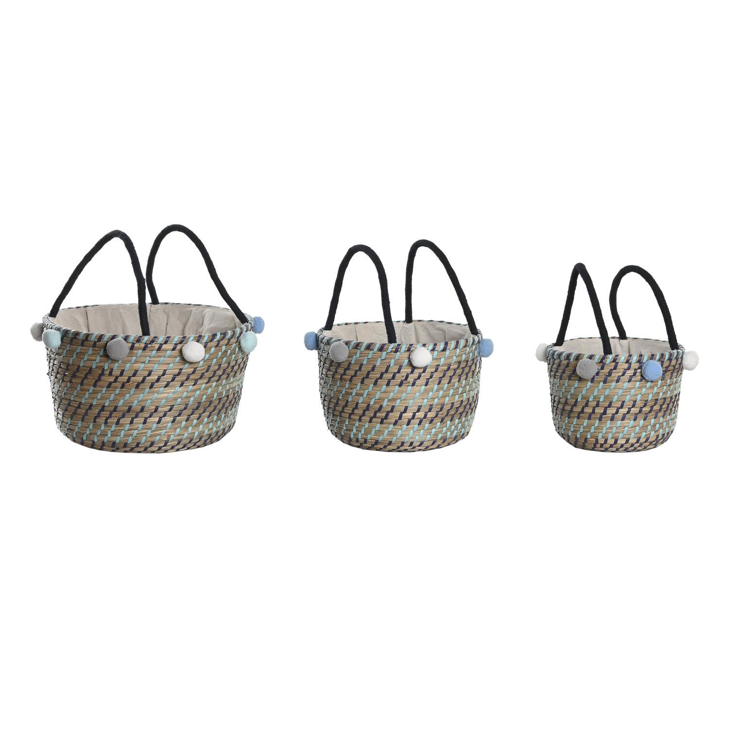 CESTA SET 3 SEAGRASS POLIESTER 43X43X43 POMPONES DC204065 - EL MEJOR COMPLEMENTO PARA TU HOGAR FIJALO