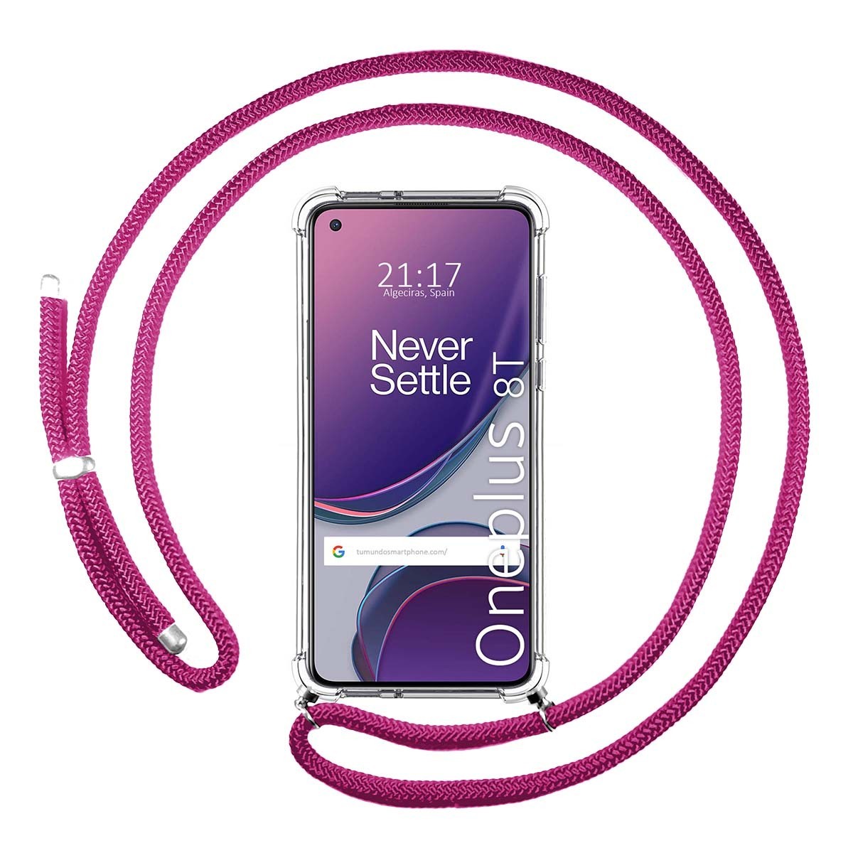 Tumundosmartphone Funda Colgante Transparente para OnePlus 8T 5G con Cordon Rosa Fucsia