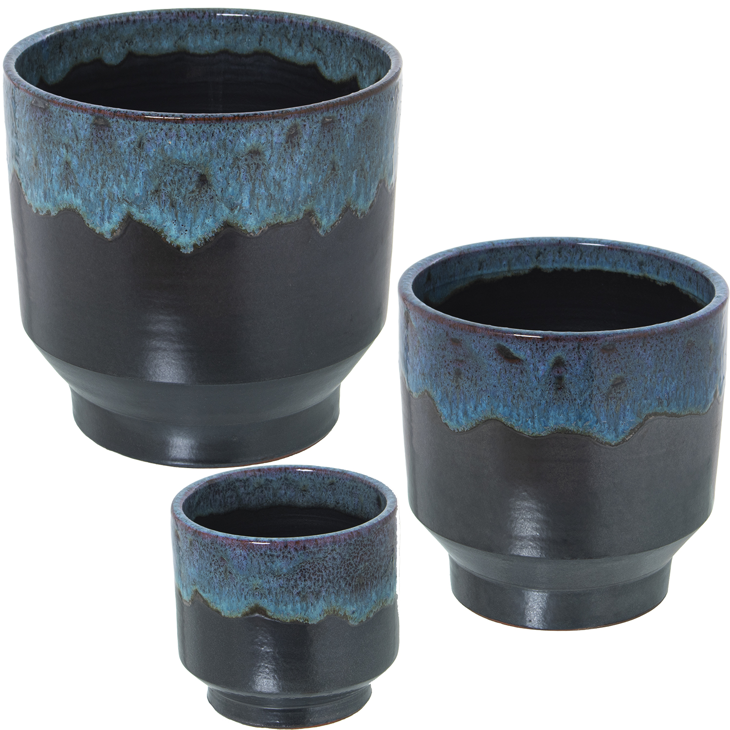 Set 3 maceteros ceramica azul, negro reactivo 16x16 y 21x21 y 26x26cm