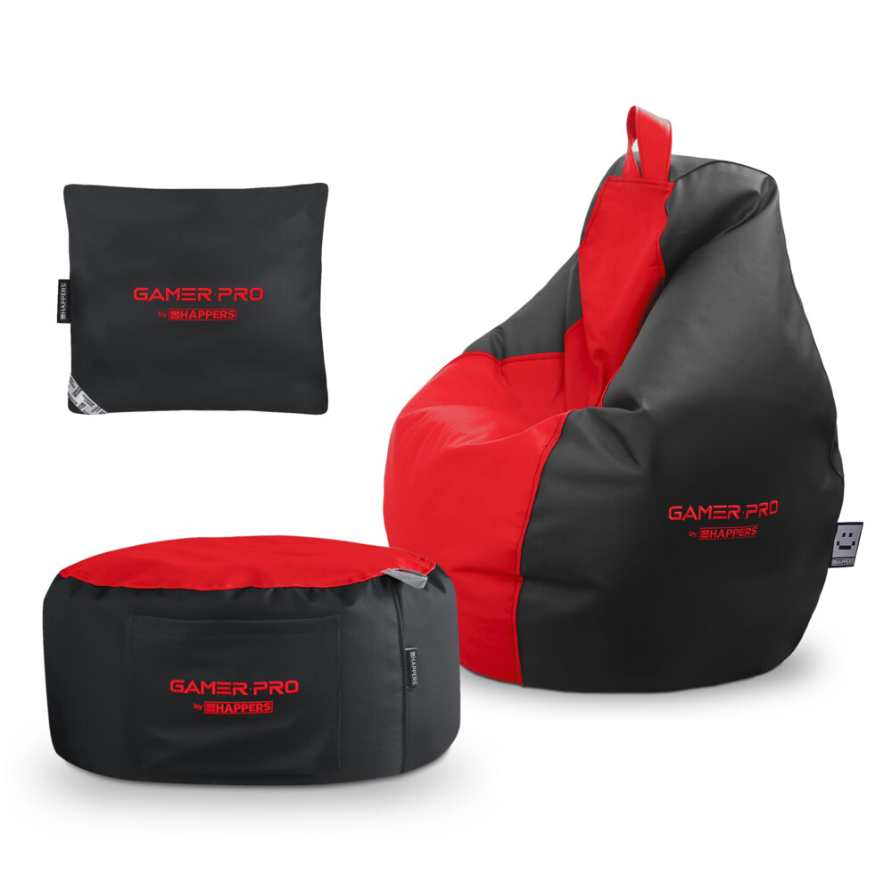 Pack Gamer Rojo: Puff Gamer PRO + Reposapies + Cojín HAPPERS - Cómodo, ligero y resistente. Make it Happers®