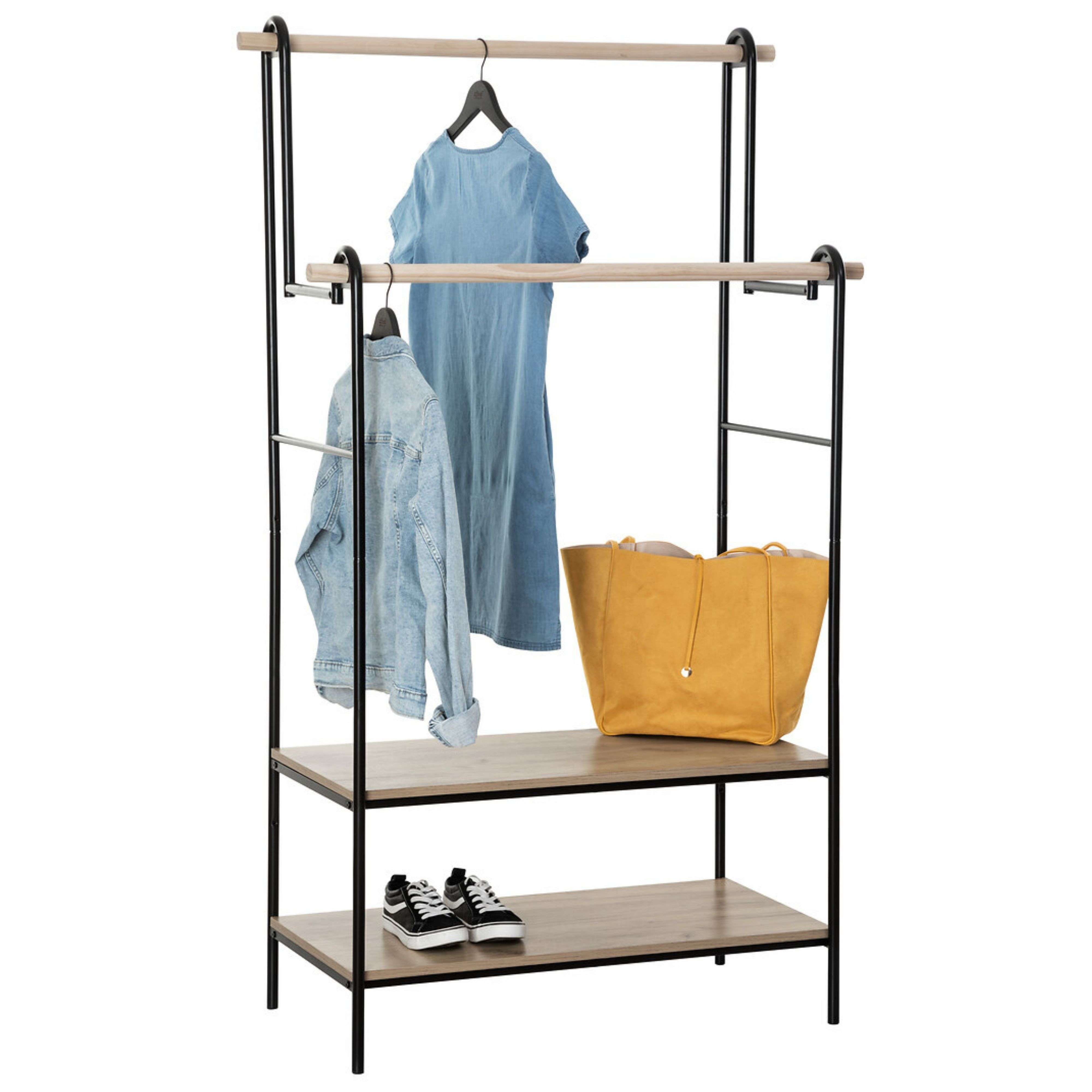 Miroytengo Burro de Ropa Doble 2 Estantes y 2 Barras Colgadoras Madera y Metal Negro y Roble Claro 96x164 cm