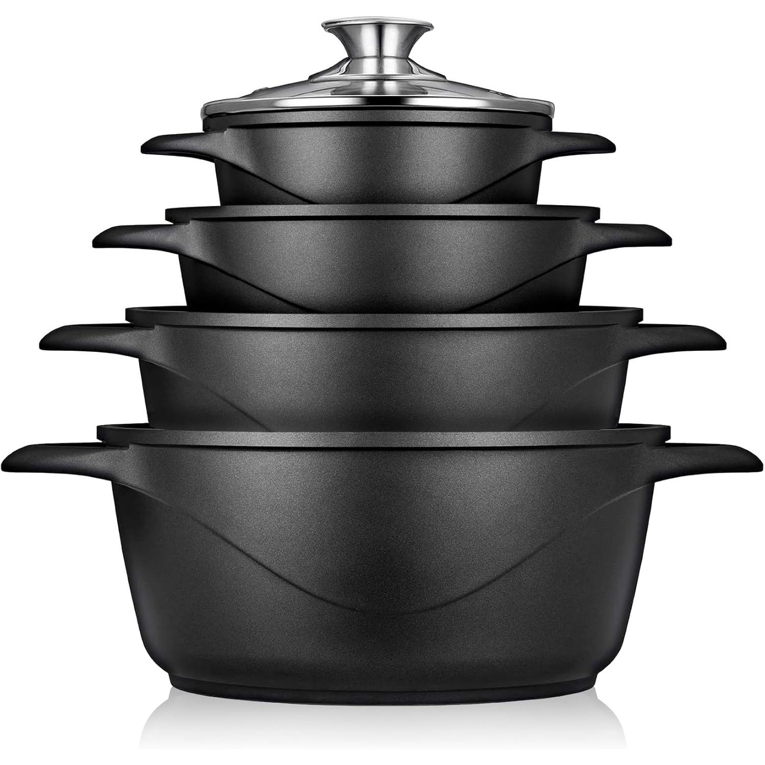Briebe MGK-12 Batería de Cocina Inducción 8 Piezas Aluminio Fundido 4 Ollas con Tapa de Cristal Antiadherente, , Negro