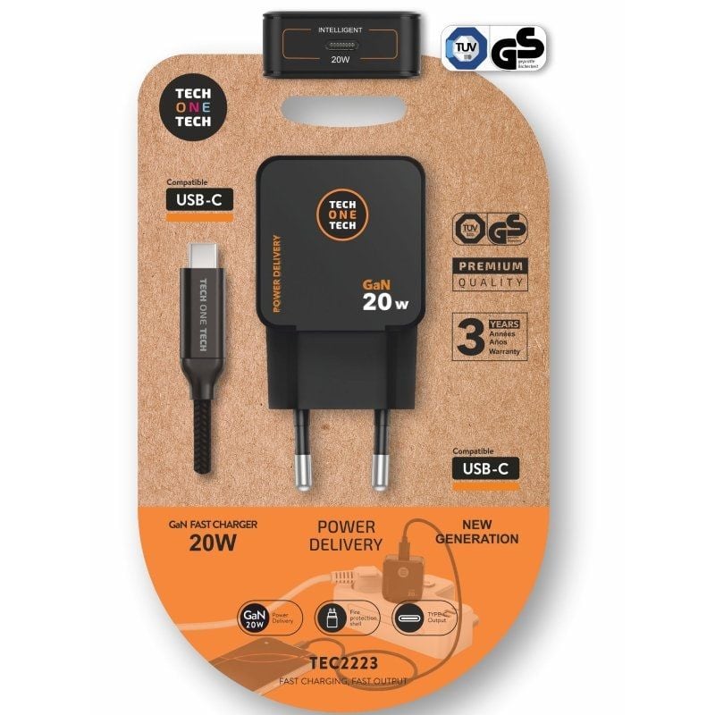 Cargador de pared gan tech one tech tec2223/ 1xusb tipo-c + cable usb tipo-c/ 20w/ negro