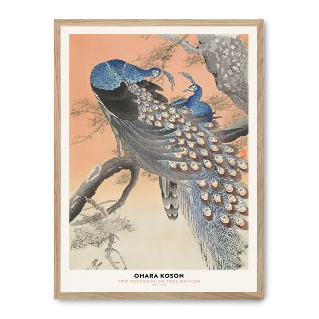 Cuadro peacock family 30x40cm, Póster impreso en papel de primera calidad de 180gr, montado sobre marco de madera MDF acabado roble., Arte - Japonés