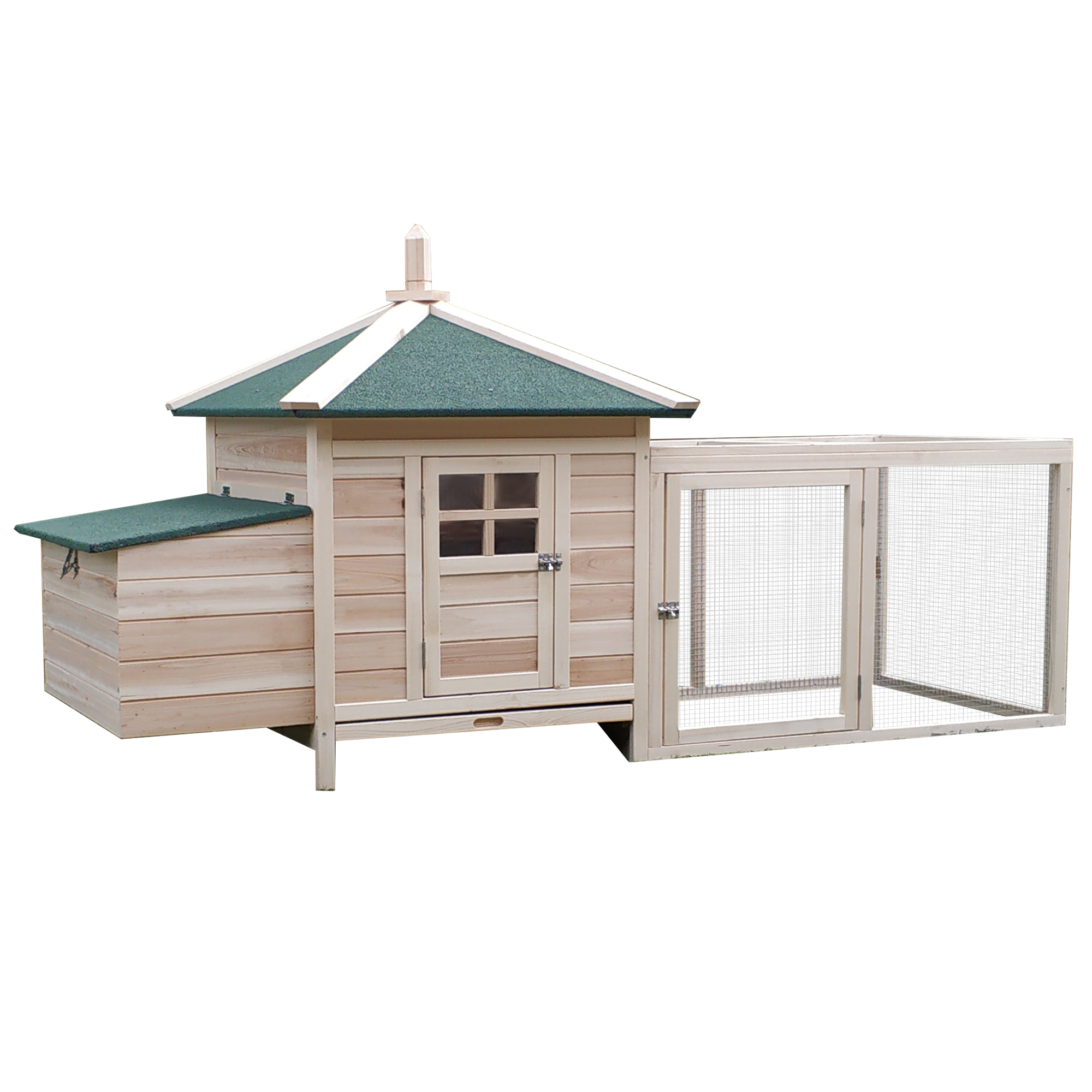 PawHut Gallinero de Madera de Abeto Refugio Jaula para Gallinas Pollos Exterior con Caja Nido Bandeja Extraíble y Espacio para Correr 196x76x97 cm