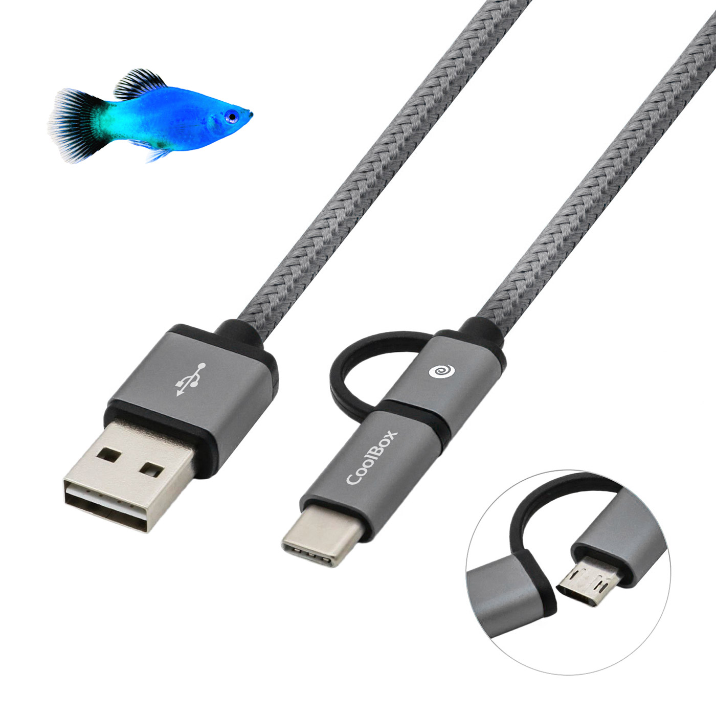 Coolbox - Cable 2 en 1 USB-C + microUSB CoolBox, Reversible, Carga + Transferencia de datos, 1m, Trenzado Anti-Enredos, Disponible en Azul y Gris
