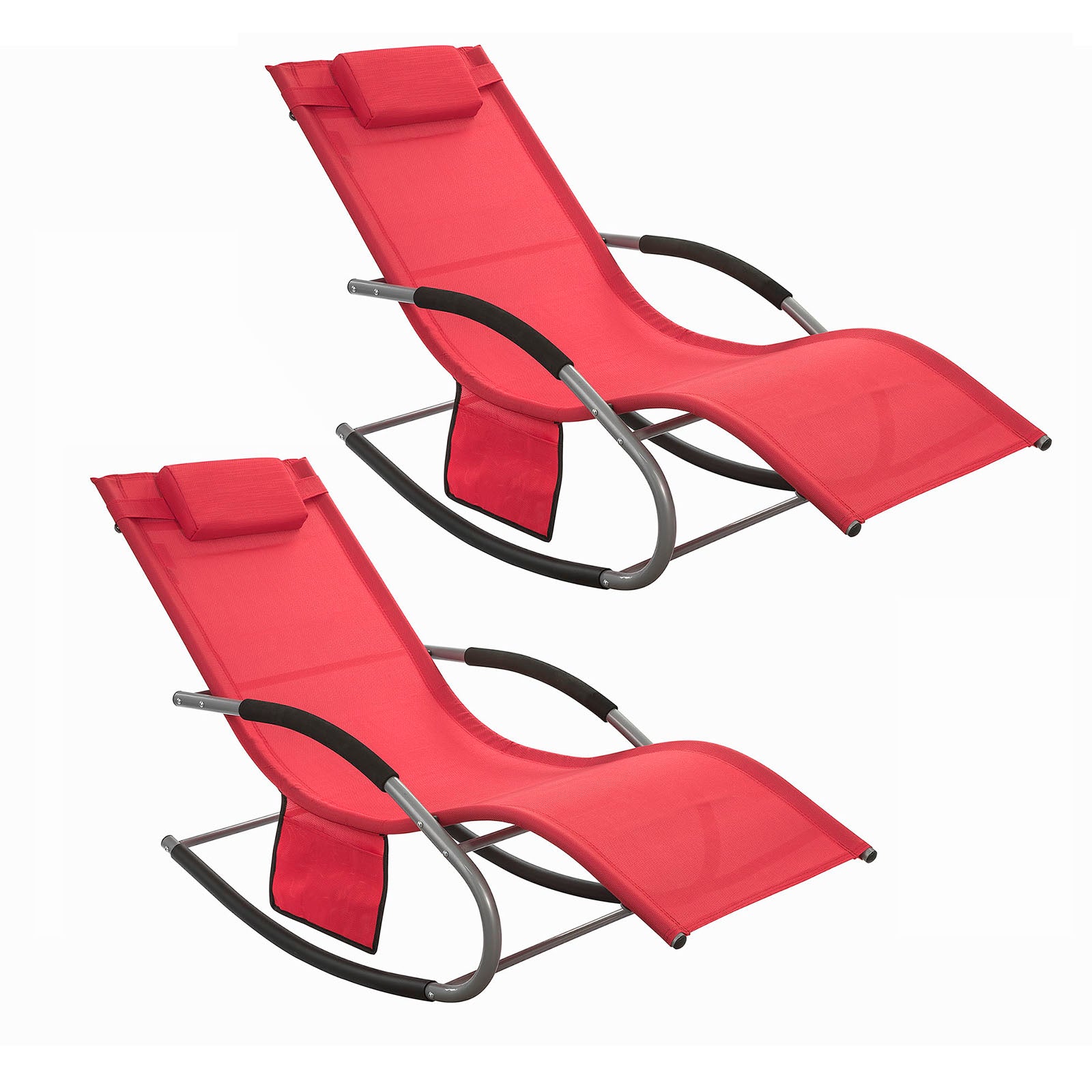 SoBuy Set de 2 Tumbonas Mecedora con Almohada y Bolsillo Lateral Estructura de Hierro Malla Transpirable Teslin soporta hasta 150 kg Rojo OGS28-Rx2 ES