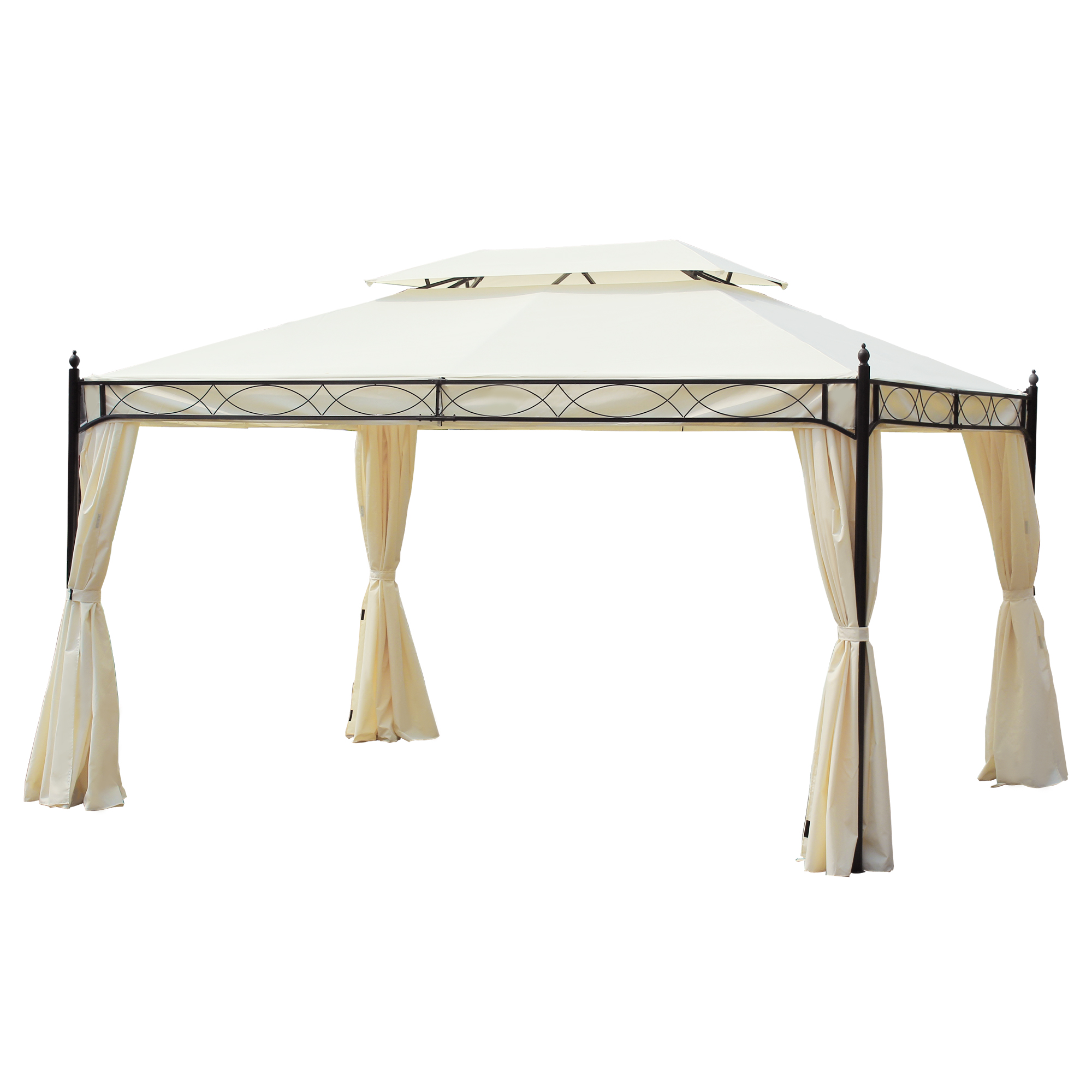 Outsunny Cenador de Jardín 4x3 m, Pabellón de Jardín Gazebo con Doble Techo, 4 Cortinas, Marco de Acero, 8 Orificios de Drenaje, Anti-UV, Carpa para Exterior, Terraza, Patio, Blanco Crema