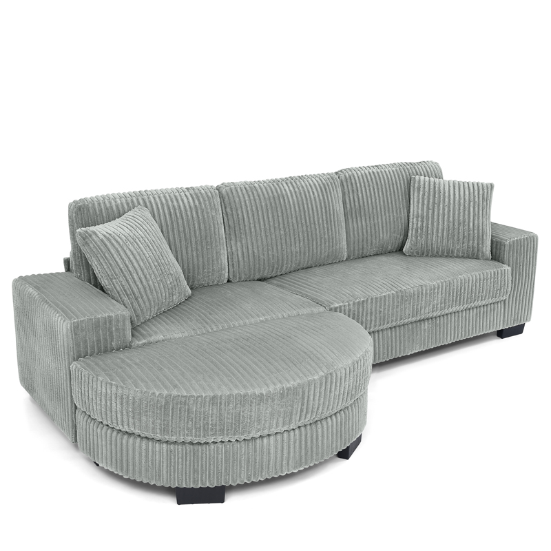 Canapé d’angle modulable 4 places gris en velours côtelé avec pouf ovale et 2 coussins