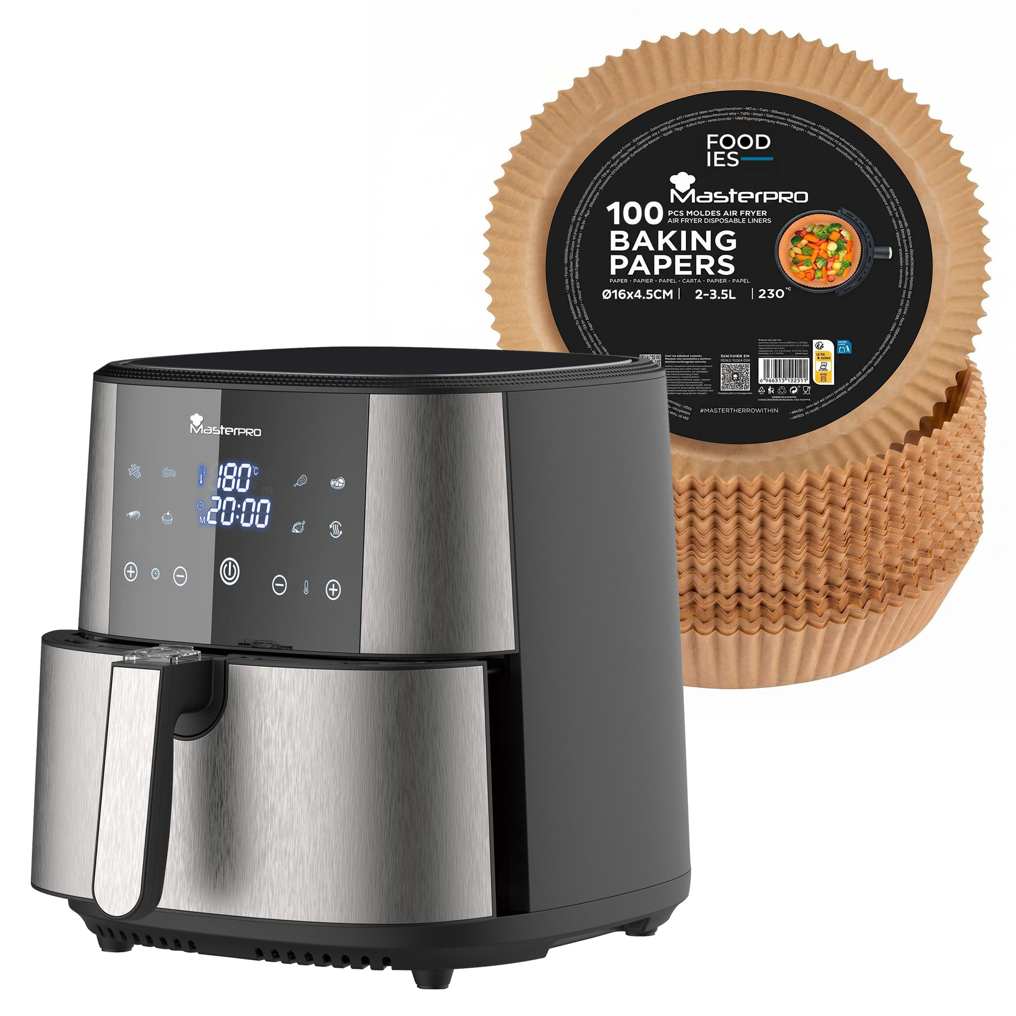 Freidora de aire con capacidad de 6L y 1800W de potencia con Pantalla LED táctil con 8 Funciones + 100 Moldes de papel redondos Ø16,5x4,5cm MasterPRO