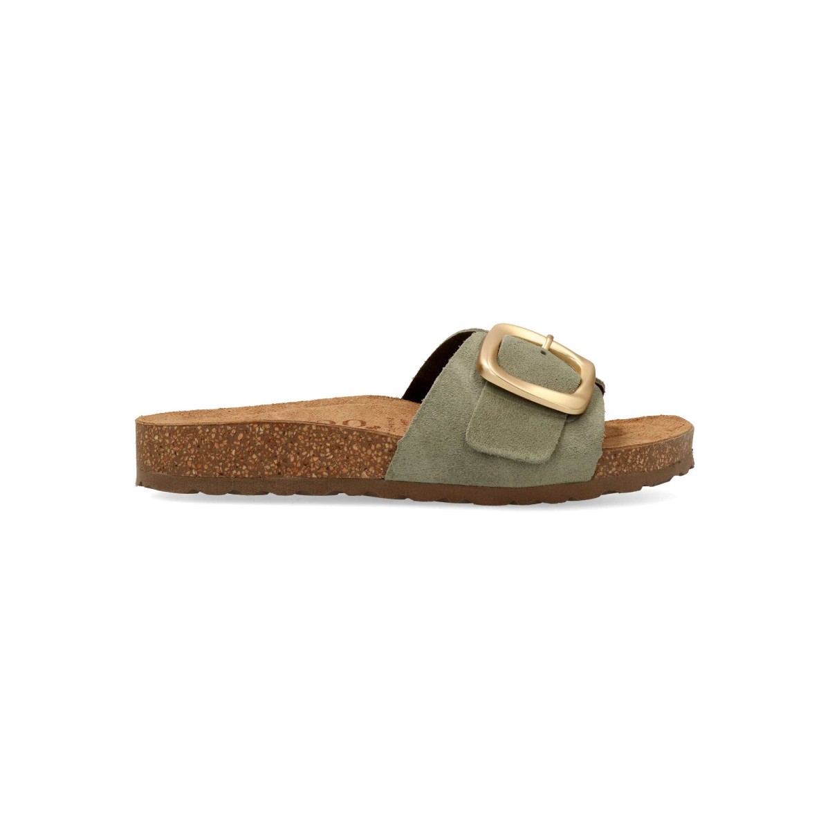 YOKONO - Sandalias planas para mujer con hebilla metalizada, piel nobuck y suela de corcho y EVA, estilo verano cómodo y elegante