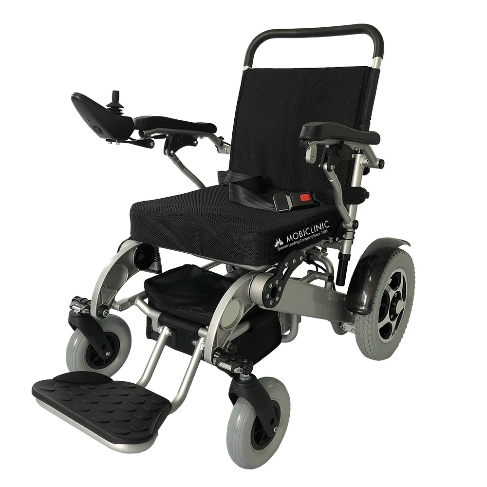 Mobiclinic Silla de ruedas eléctrica modelo Troya Marca Española Plegable con Motor para discapacitados Ortopédica para mayores Ligera asiento 45 cm Autonomía 17 km 24V color Negro