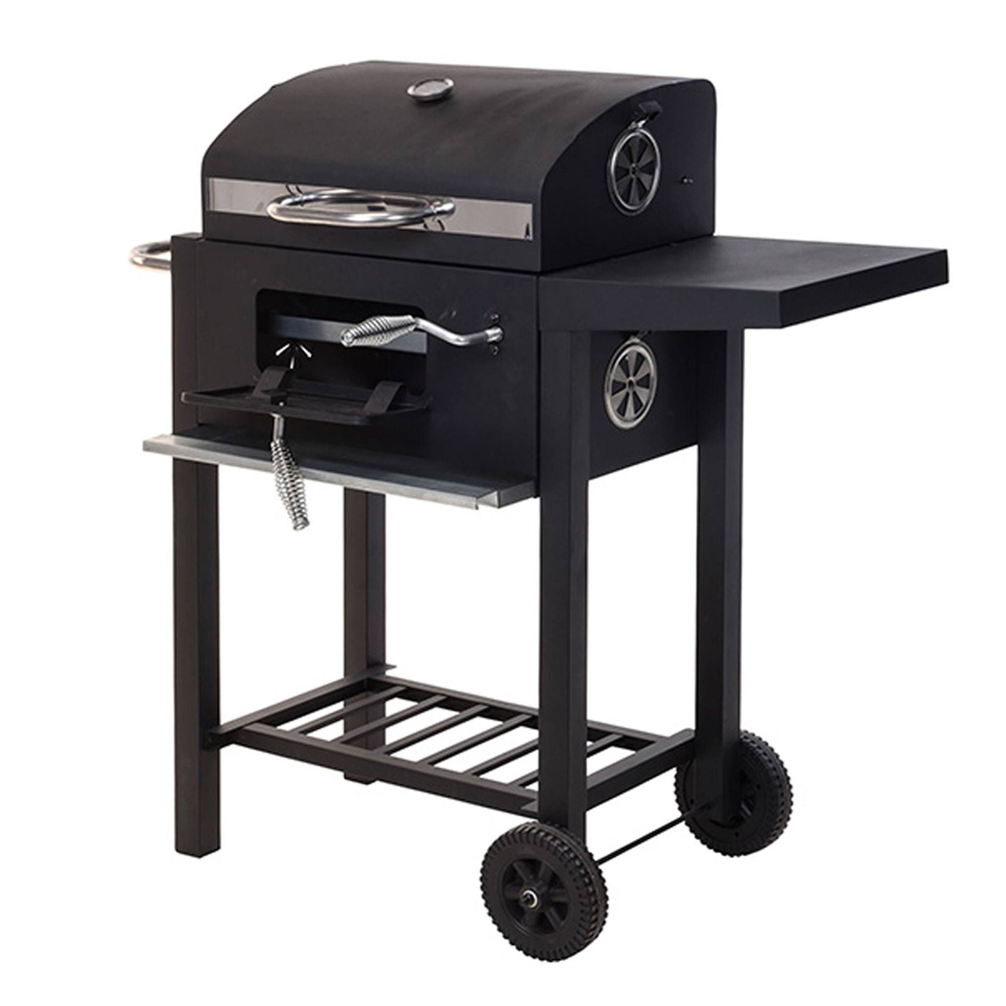 WELL HOME - Barbacoa de carbón color negro con doble parrilla y mesa auxiliar H.96cm