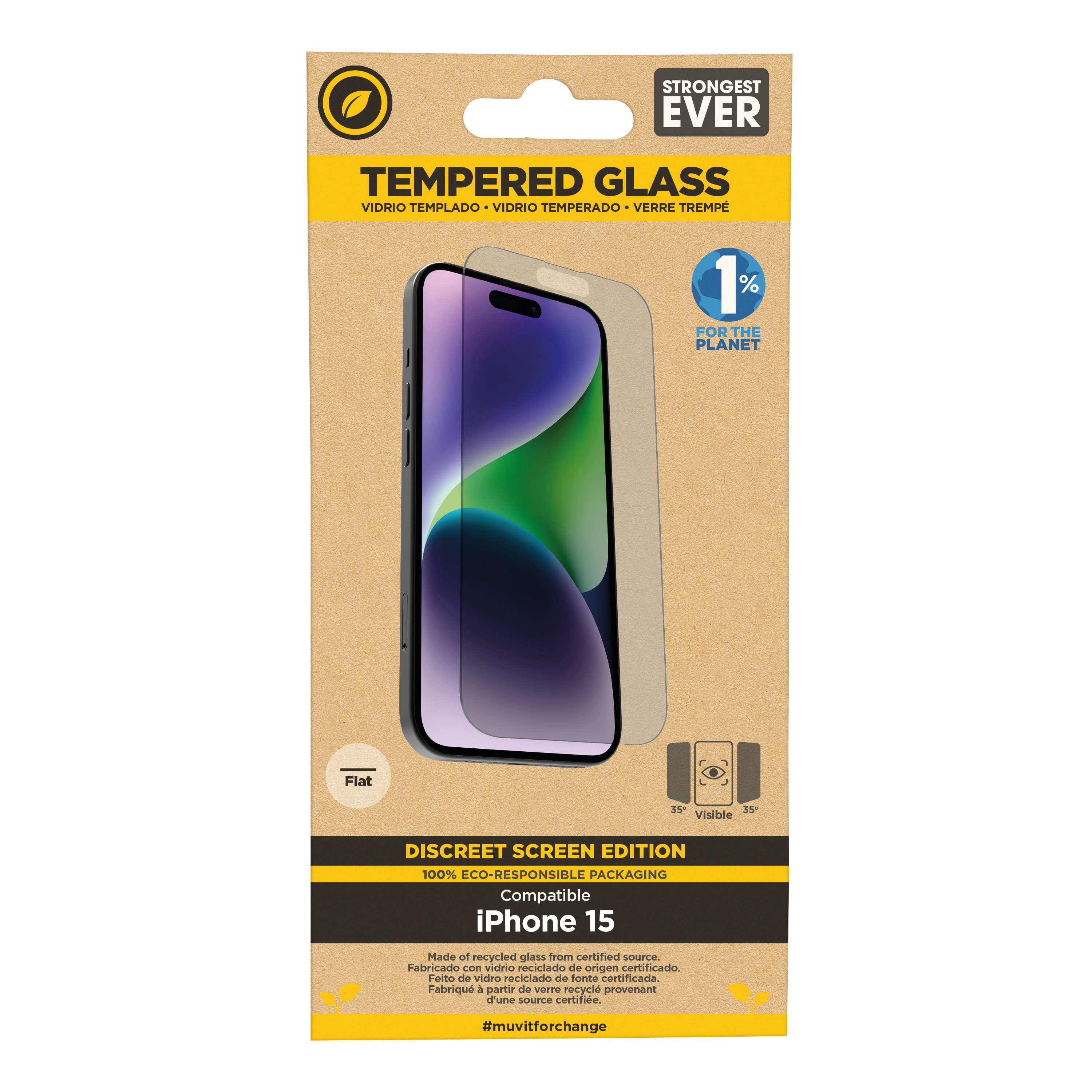 muvit for change protector pantalla recycletek privacy compatible con Apple iPhone 15 vidrio templado plano