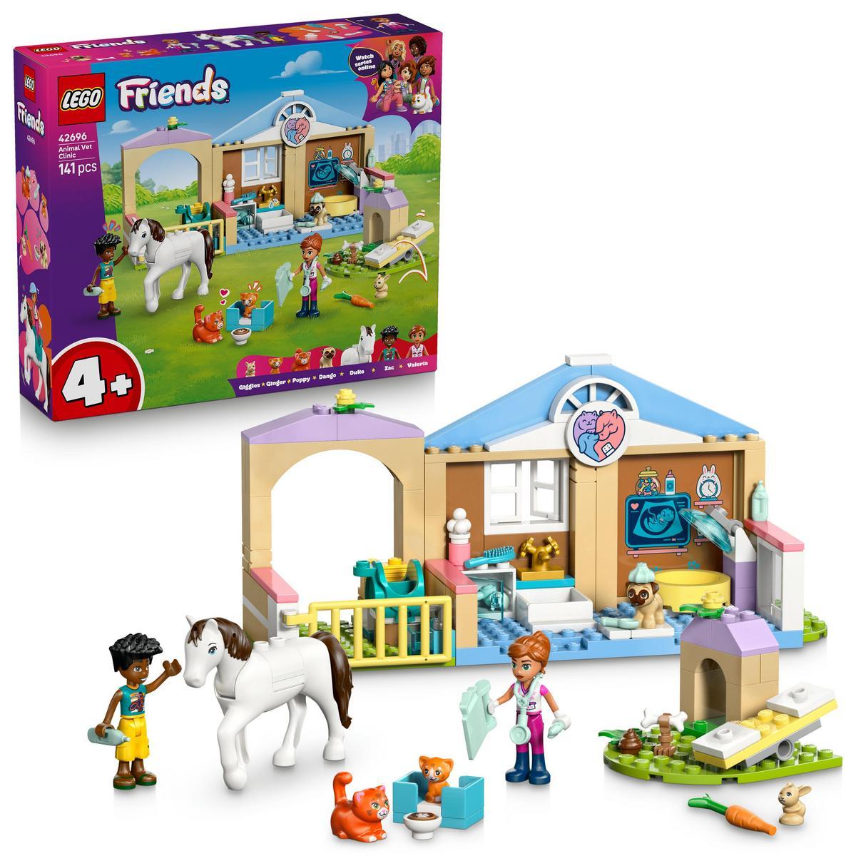 LEGO® 42696 Friends Clínica Veterinaria de Animales Set de Construcción con 2 Minipersonajes y Figuras de Perro, Conejito, Caballo y 2 Gatos con Parque de Juegos para Mascotas