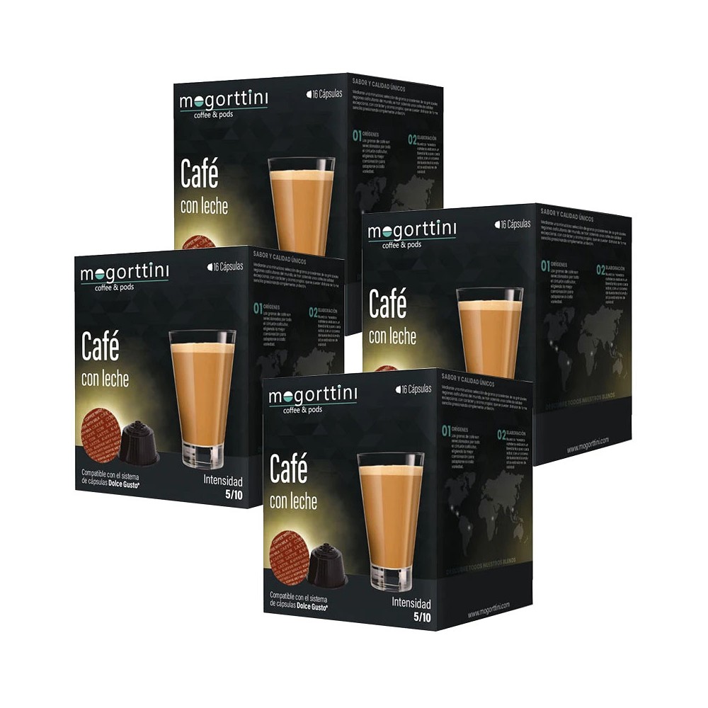 Mogorttini - Cafe con leche Mogorttini 4 cajas de 16 cápsulas compatibles Dolce Gusto 8436583660720