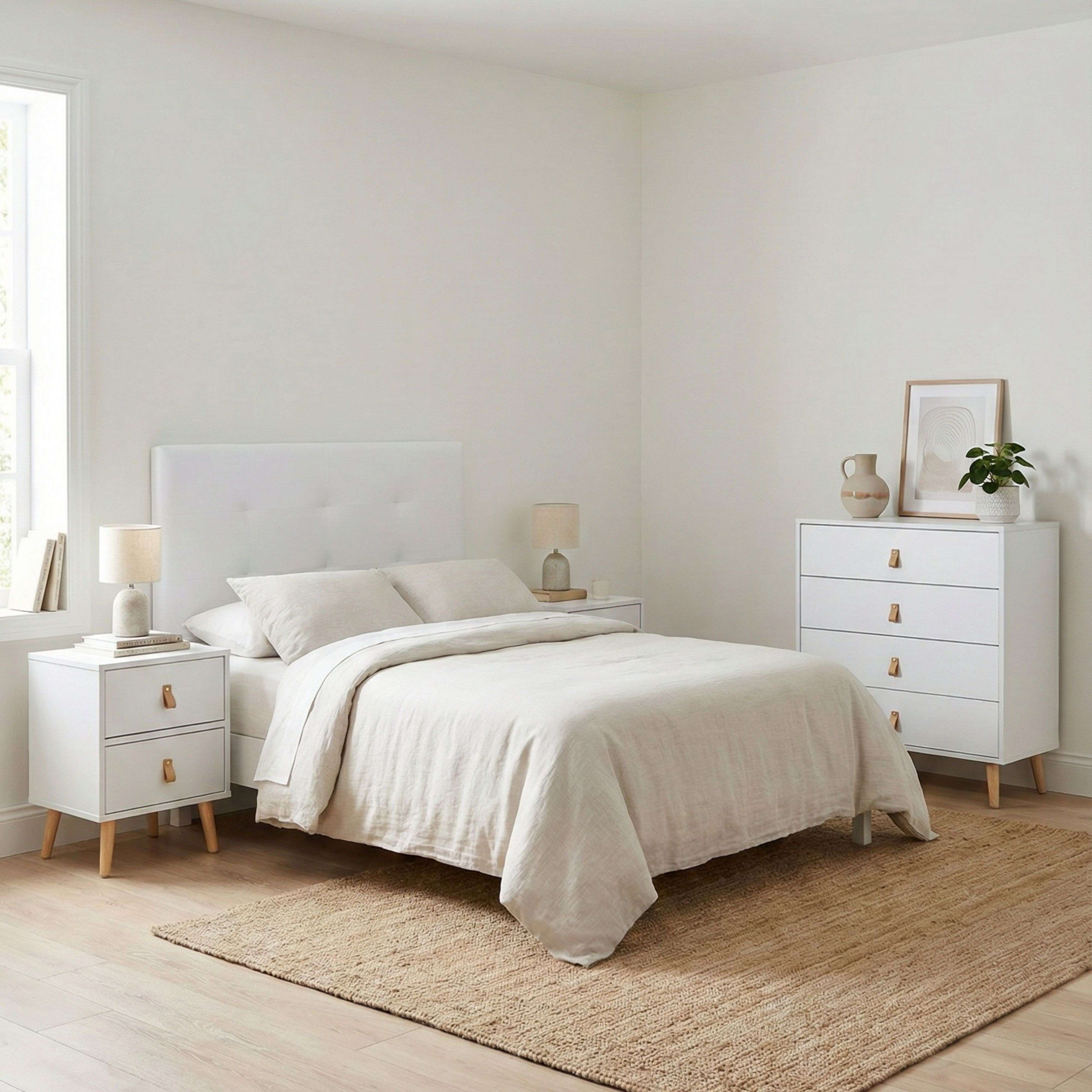 Miroytengo Juego Muebles de Dormitorio Matrimonio Cabecero, 2 mesitas y Cómoda Blanco 135-150 cm