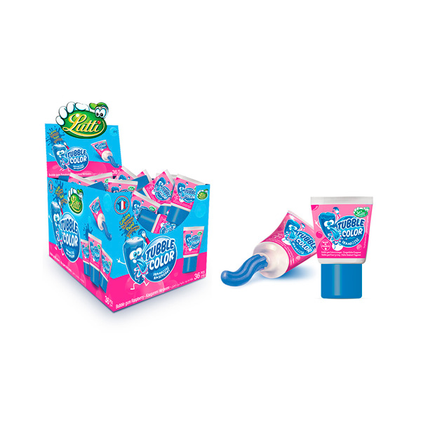 Caja de Tubble Gum. Contiene 18 unidades de botes rellenos de chicle con sabor a Tutti Frutti Pintalenguas o sabor a Fresa. Todos los niños disfrutan de lo lindo al apretar el bote y ver como va saliendo este rico chicle.