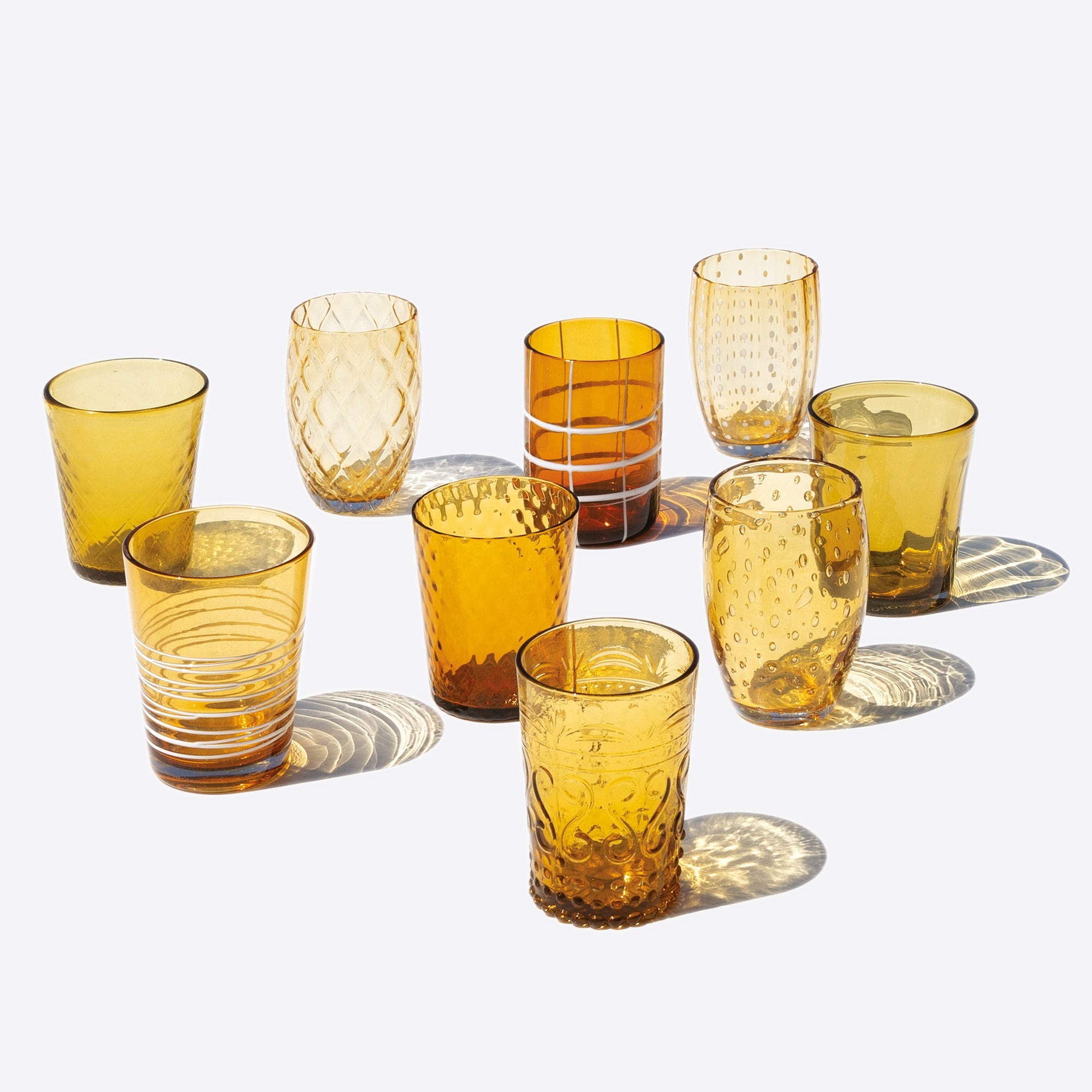 Zafferano Melting Pot Juego de 6 Vasos Monocolor - Ámbar - Vidrio Soplado a Mano, 32 cl - Vasos Artesanales para Agua y Cócteles