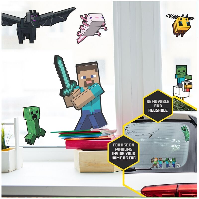 Minecraft - Calcomanías adhesivas para ventana con licencia oficial, decoración de jugadores y regalos para niños y niñas, accesorio reutilizable para juegos de Overworld, acentos para aula o