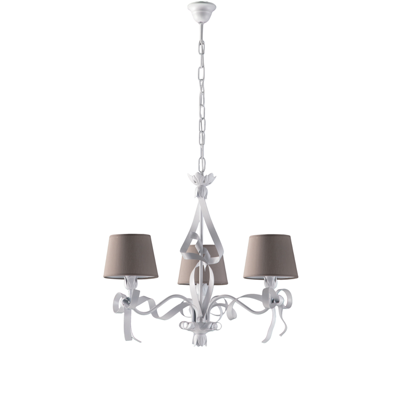 Lucy - Lámpara de araña blanca estilo shabby chic con pantallas gris paloma, 3 luces Ø59 cm - Belight