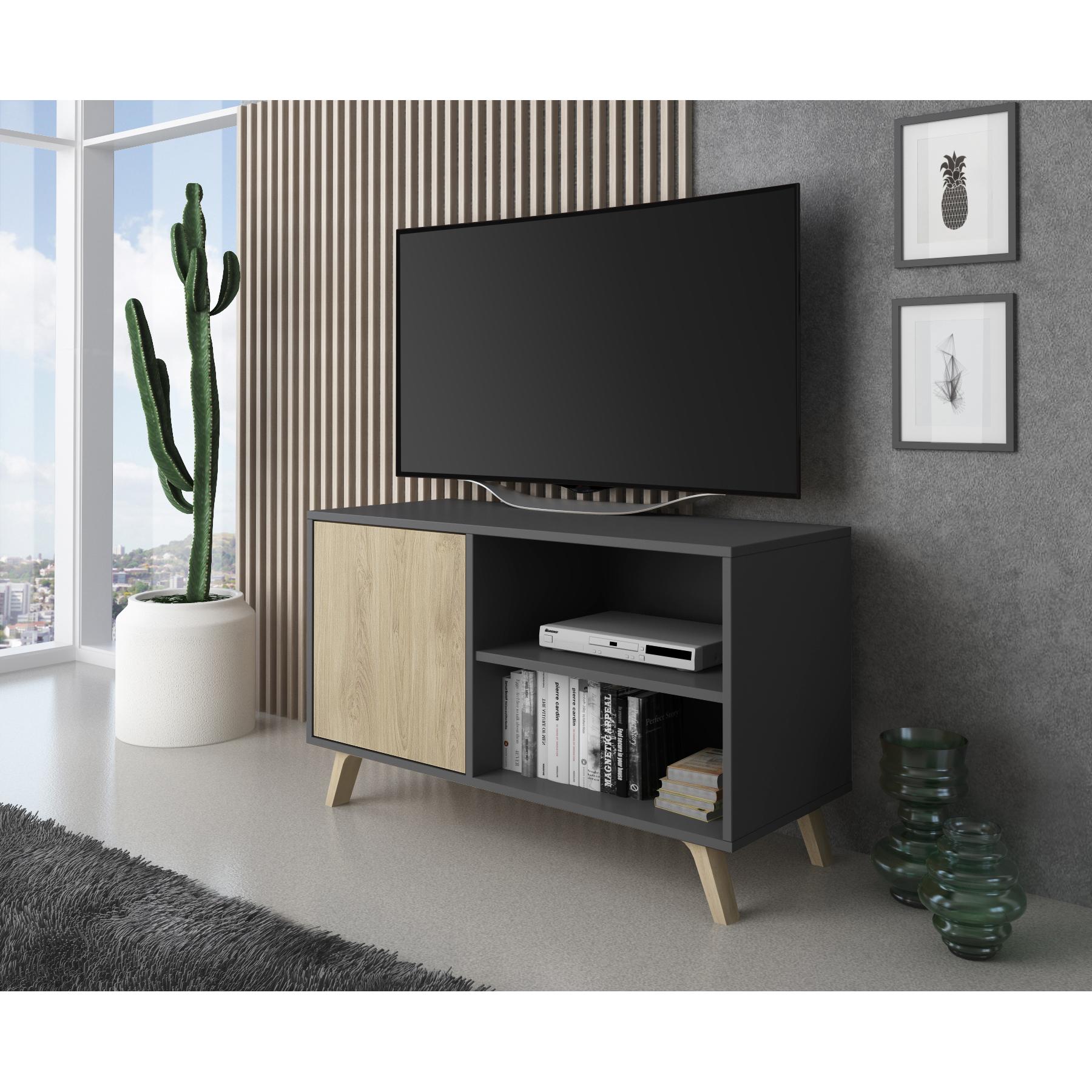 Skraut Home, Mueble TV 100 con puerta izquierda, salón comedor, Modelo WIND, bi-color, medidas 95x40x57cm de altura.