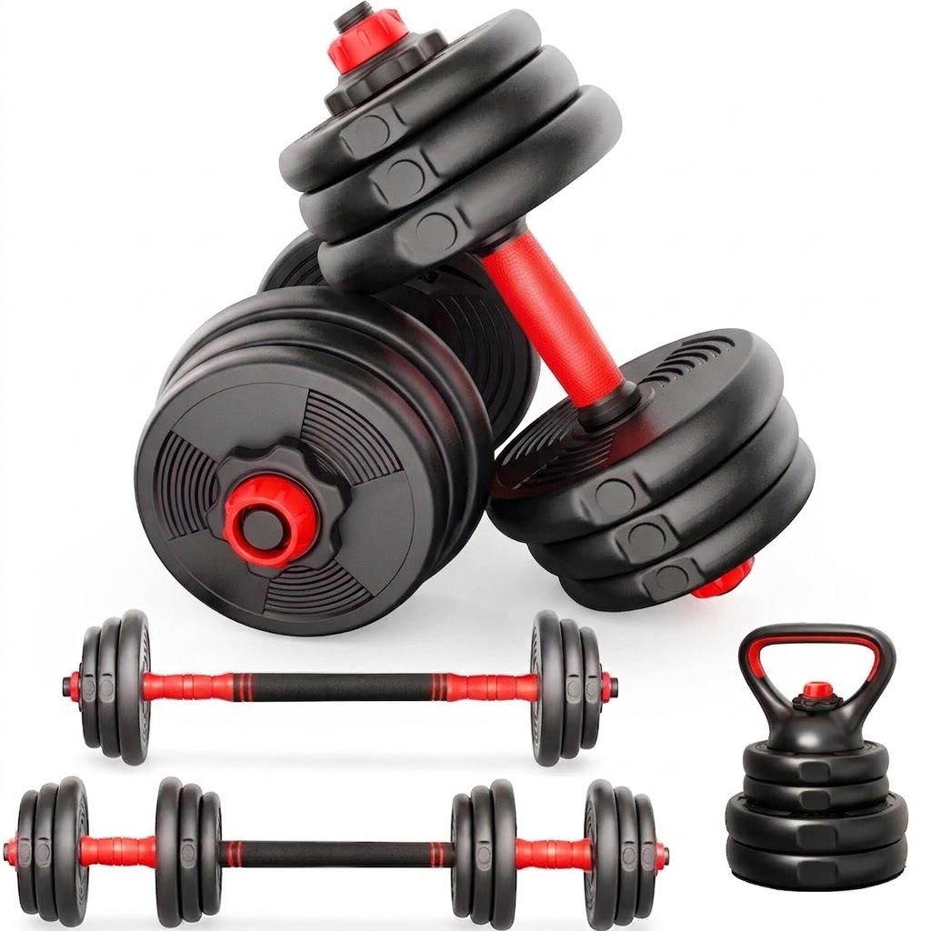 Mancuernas ajustables 2 en 1 de 10 kg a 50 kg - juego de pesas con discos recubiertos, barra recta antideslizante para gimnasio, fitness y musculación. MANIBOOM