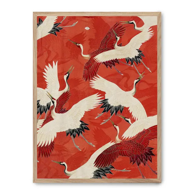 Cuadro red cranes 30x40cm, Póster impreso en papel de primera calidad de 180gr, montado sobre marco de madera MDF acabado roble., Arte - Japonés