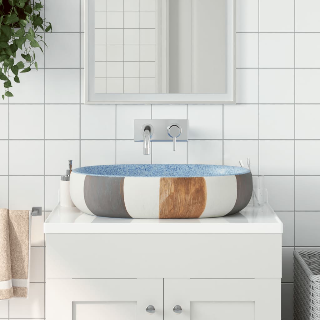 vidaXL Lavabo sobre Encimera Ovalado Lavamanos de Baño Cerámica Arena Color Gris y negro,  Morado,  Azul oscuro y mas