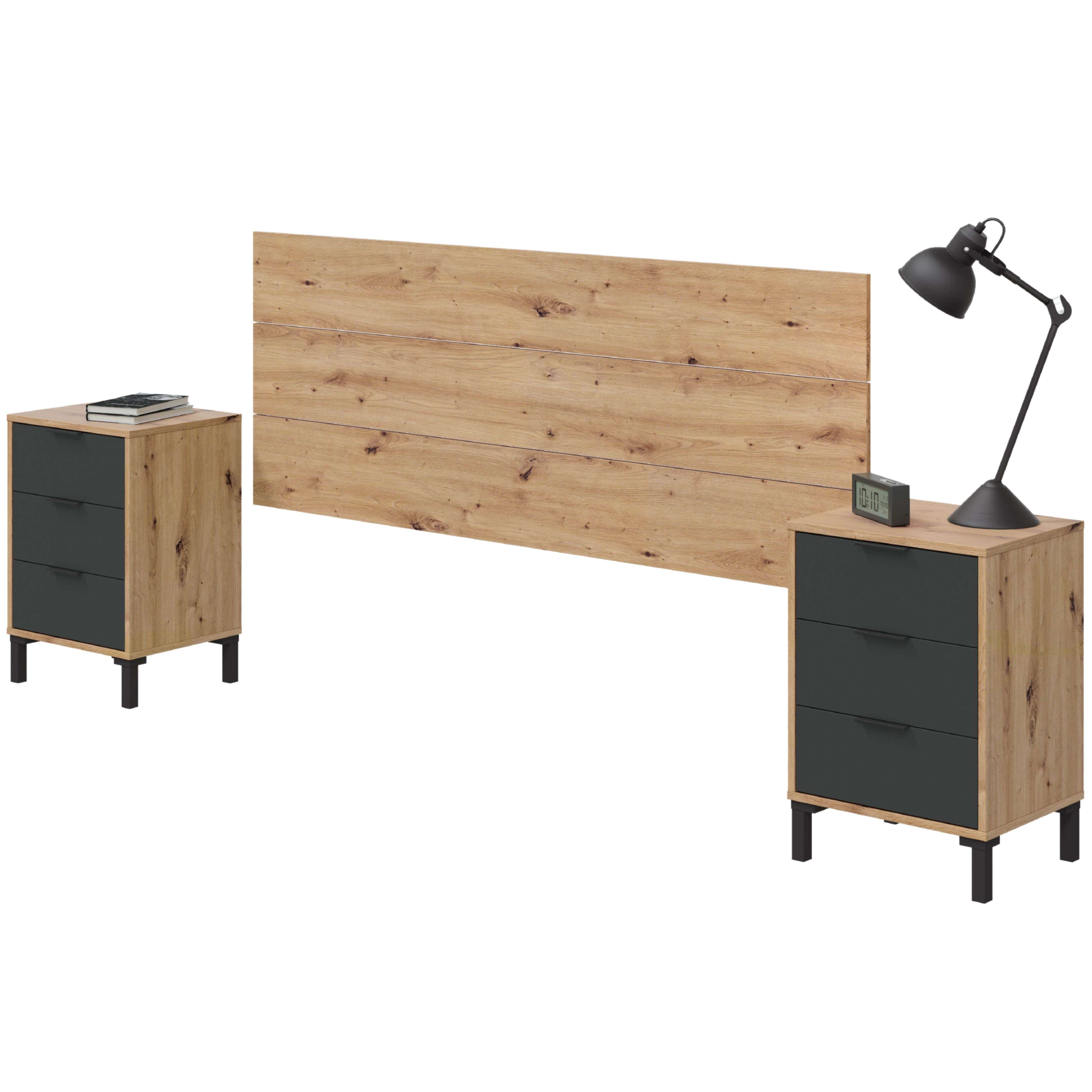 Miroytengo Cabecero para Dormitorio de Matrimonio con 2 Mesitas en estilo industrial color Roble Nodi y gris Antracita 240 cm