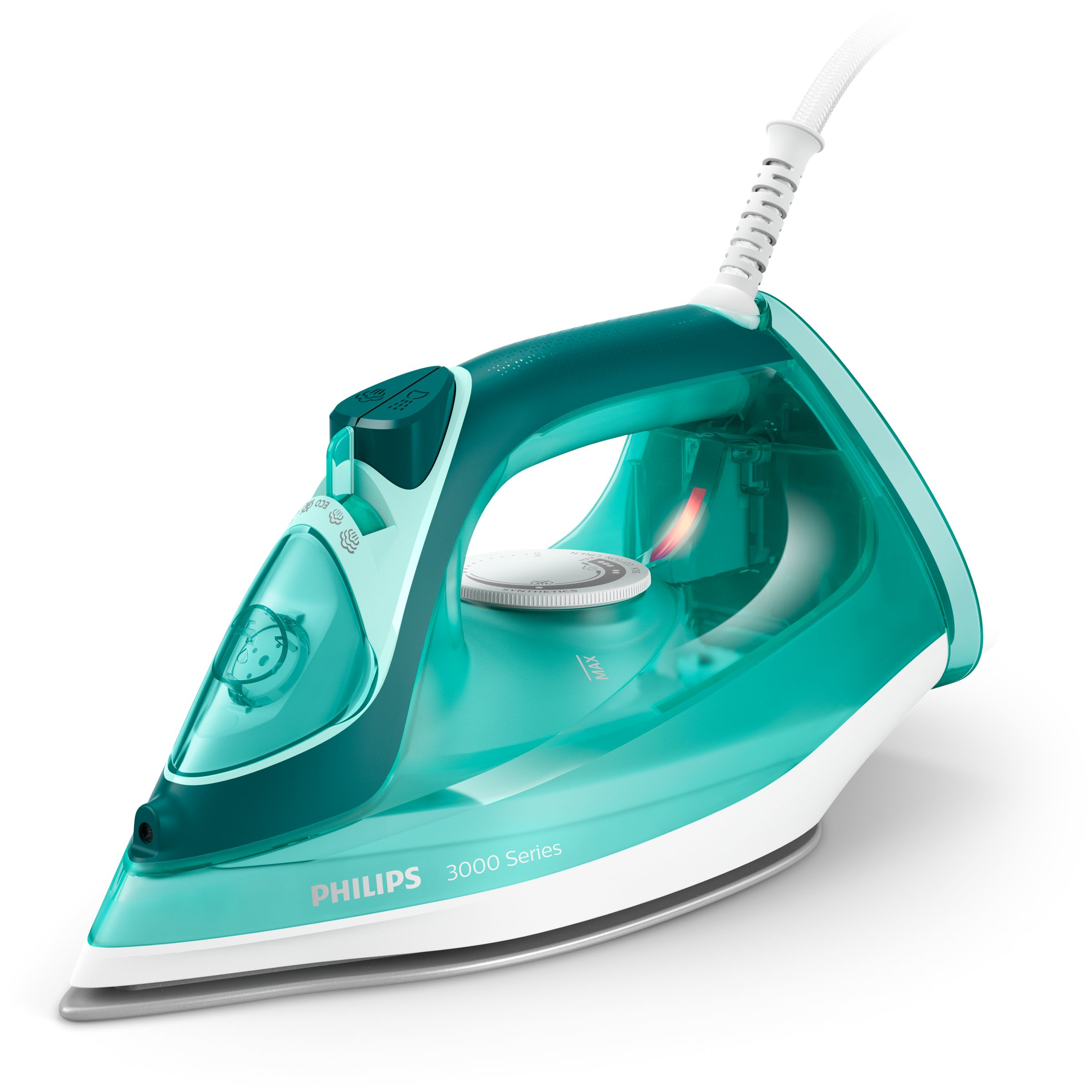 Philips 3000 series steam iron 2400 W with ceramic soleplate, 0.3 L water reservoir, quick heating in 35 seconds, variable steam output 40 g/min, and anti-drip function for efficient garment care.