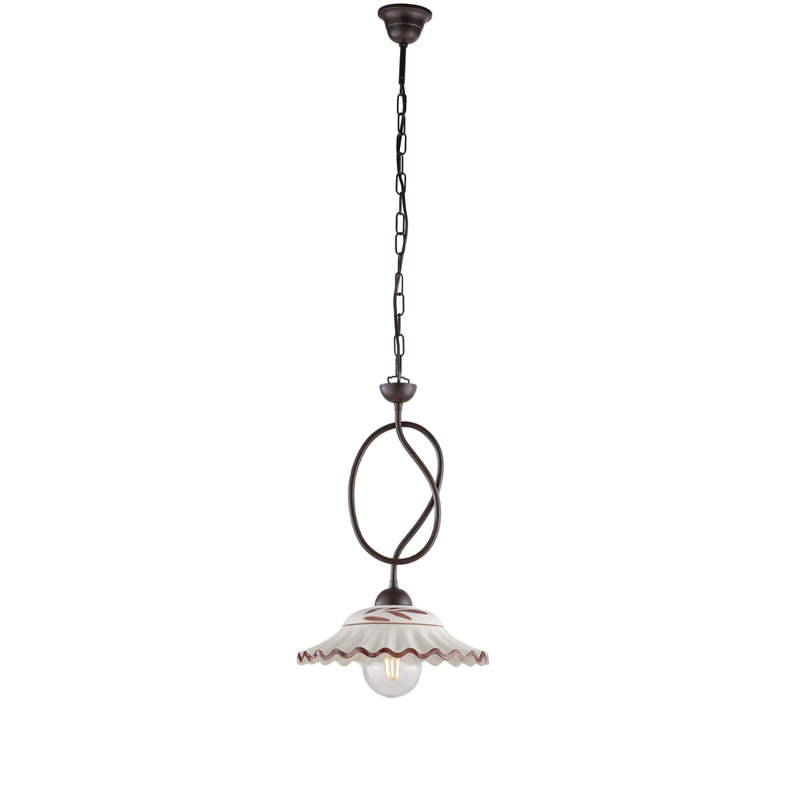 Lámpara de araña Bistrot en hierro lacado en negro y decoraciones. Efecto óxido con difusor cerámico d. 30 blanco y marrón 1 luz 105 Ø30 - Belight