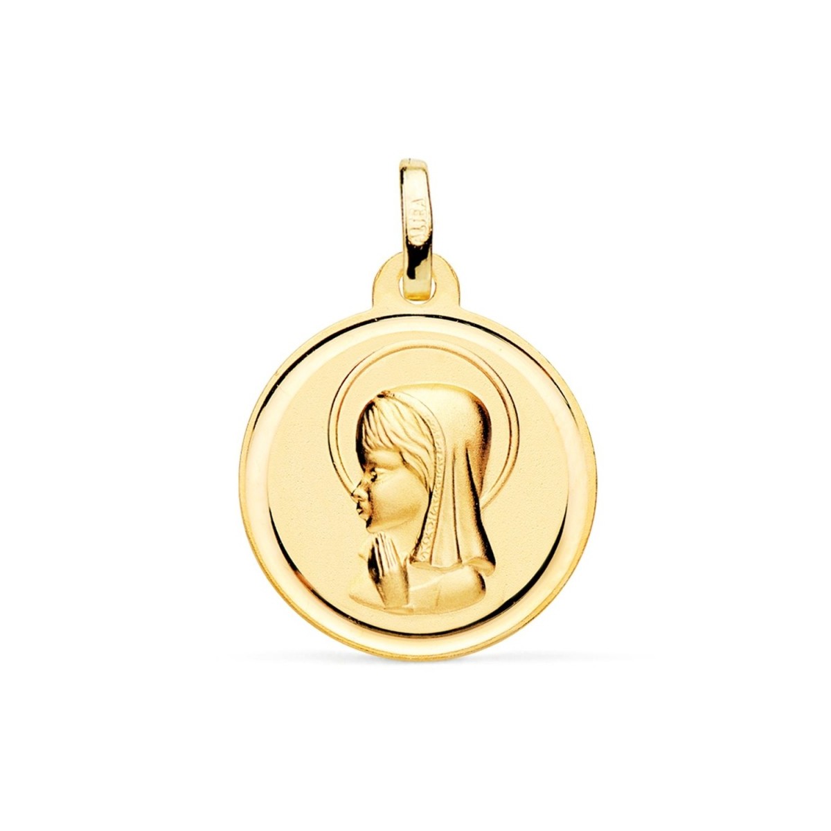 Medalla oro 18k Virgen Niña 18mm. relieve lisa detalle cerco redonda