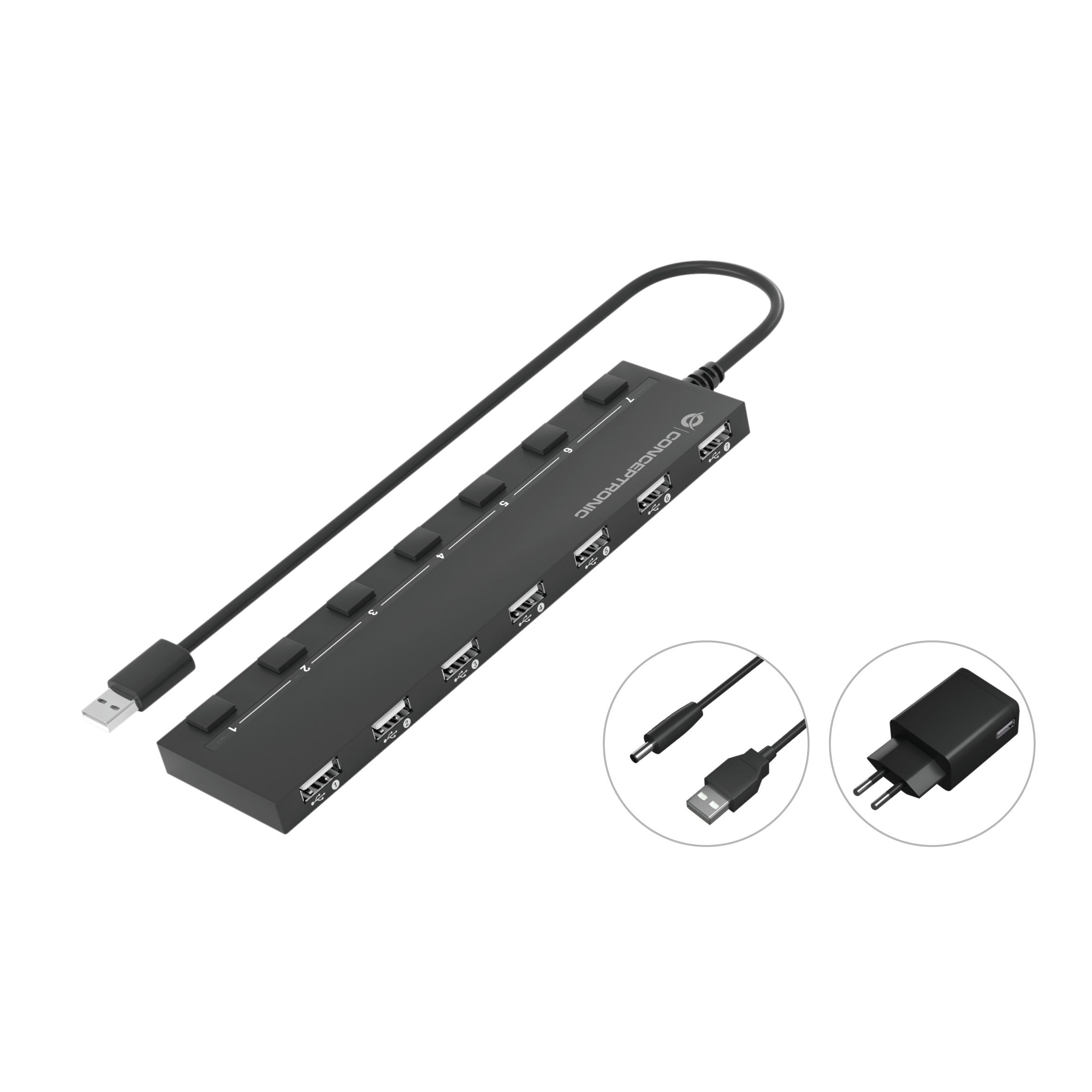 Conceptronic HUBBIES08BP hub de interfaz USB 2.0 480 Mbit/s Negro