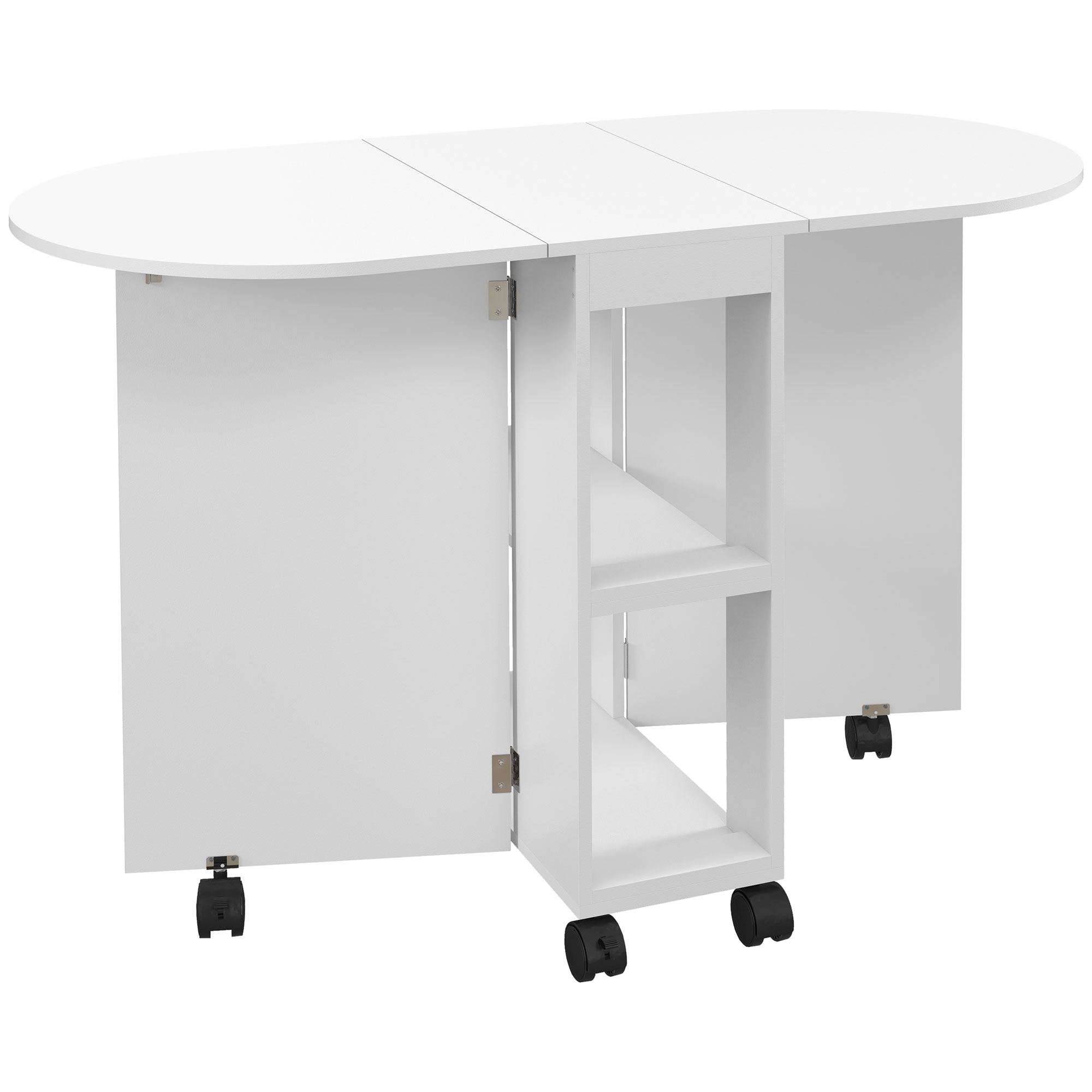 HOMCOM Mesa de Comedor Plegable con Ruedas Mesa de Cocina con Alas Abatibles y 2 Estantes Abiertos Estilo Moderno Carga 80 kg 120x60x77 cm Blanco