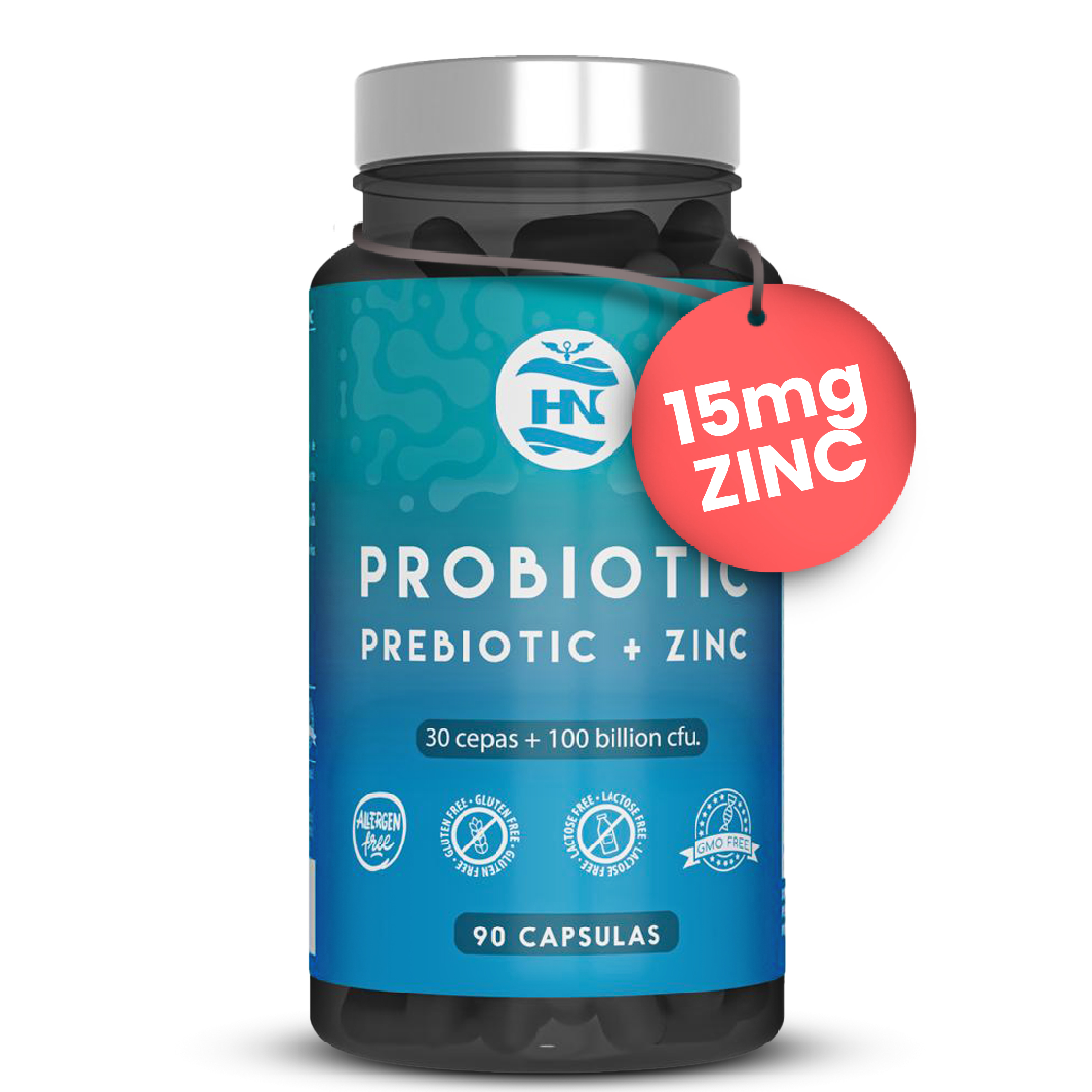 HN - Healthy Nutrition Probioticos y Prebioticos Intestinales 100 mil millones de UFC-30 Cepas Bacterianas Prebioticos y Probioticos con Zinc + Inulina para Apoyo Inmunológico Probióticos para Flora Intestinal 90 Cápsulas