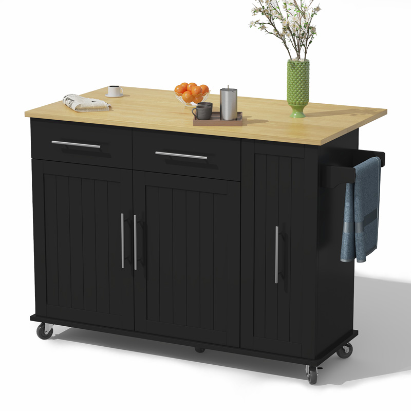 Îlot de cuisine noir et naturel avec plateau rabattable, rangement coulissant à trois niveaux, étagères intérieures, tiroirs et roulettes