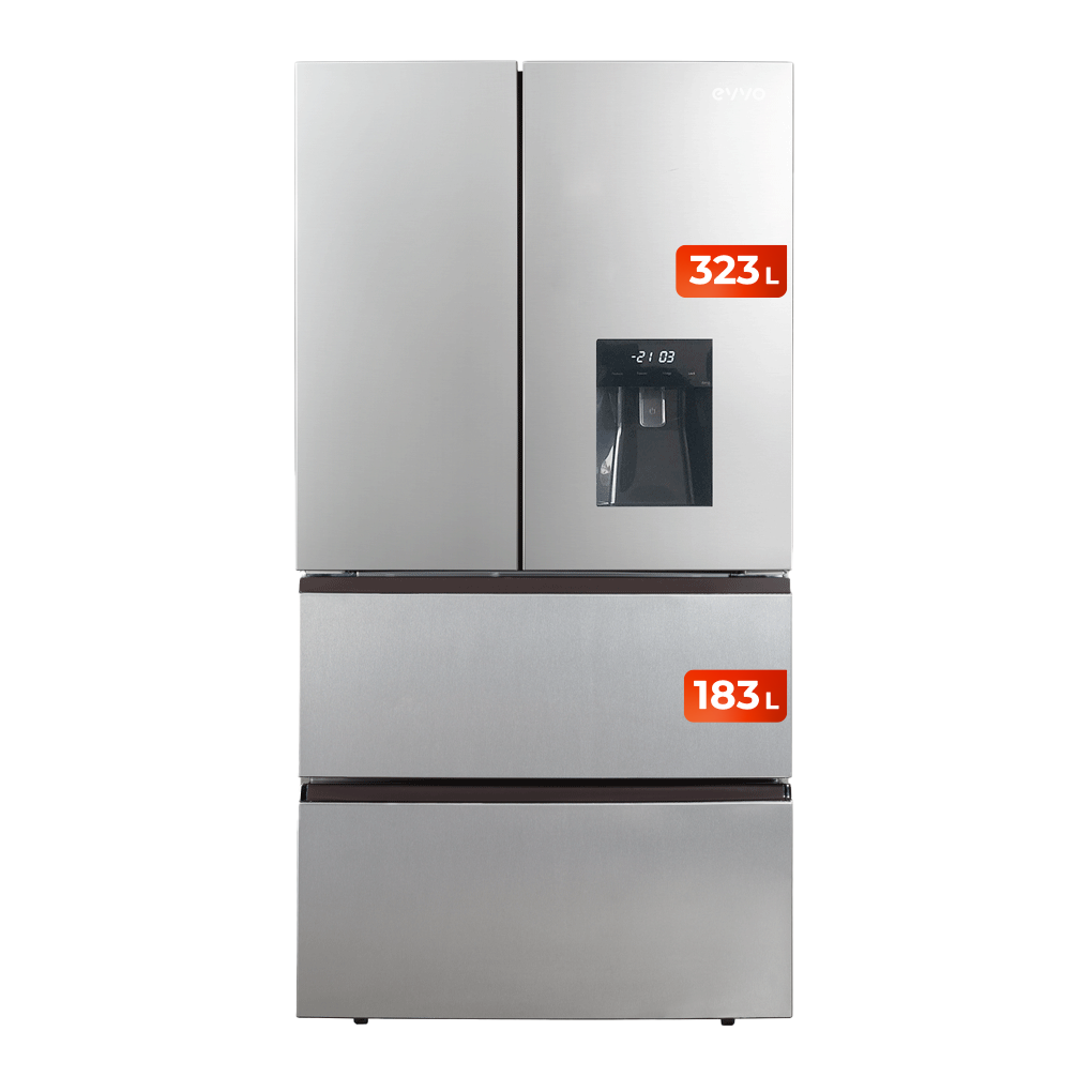 EVVO Frigorífico francés F80X Aqua, 323l + 183l, Motor Inverter, Total No Frost, Multi Air Flow, Dispensador de agua fría