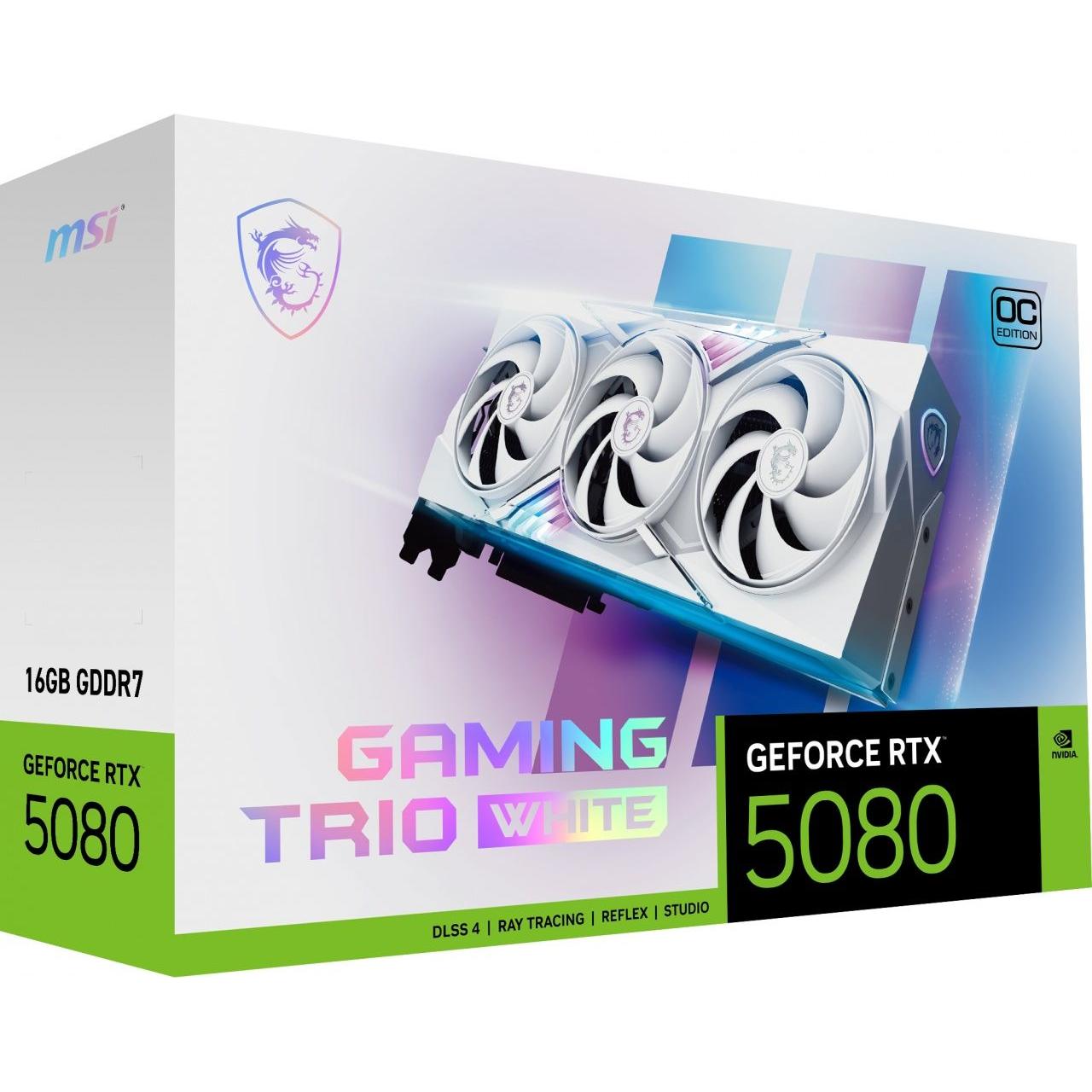 MSI - Tarjeta gráfica RTX 5080 16G GAMING TRIO OC WHITE con memoria GDDR7, refrigeración triple ventilador y soporte DirectX 12 Ultimate para gaming 4K