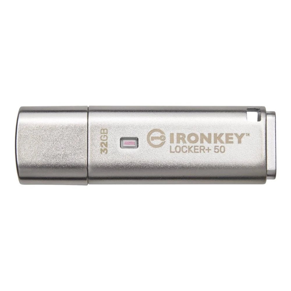 Kingston - Memoria USB IronKey Locker+ 50 de 32 GB con cifrado AES-XTS hardware, USB 3.2 Gen 1, lectura hasta 145 MB/s, plata