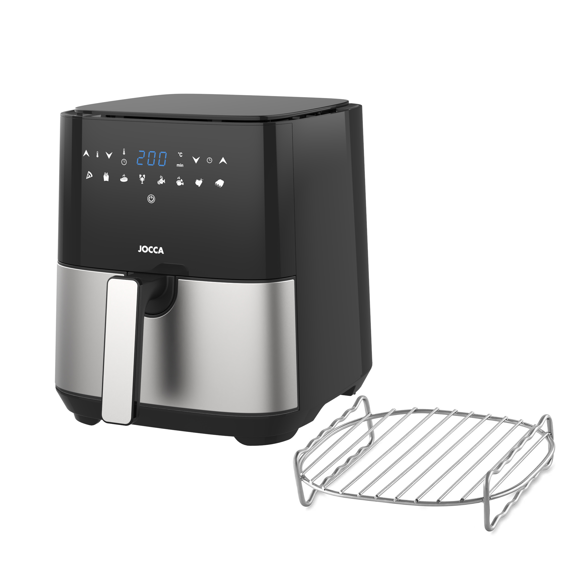 Freidora Jocca de aire caliente digital con 5 litros de capacidad, 1450W de potencia, 8 funciones pre-programadas, temperatura ajustable, temporizador de 60 minutos, apagado automático y libre de BPA & PFOA