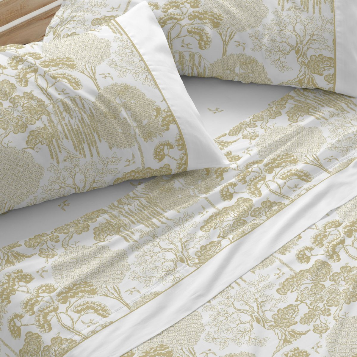 Juego de Sábanas Burrito Blanco Modelo 143 - Diseño Botánico Japonés en Azul Grisáceo y Ocre, 50% Algodón 50% Poliéster, para Cama de Matrimonio (Hasta 200 cm)